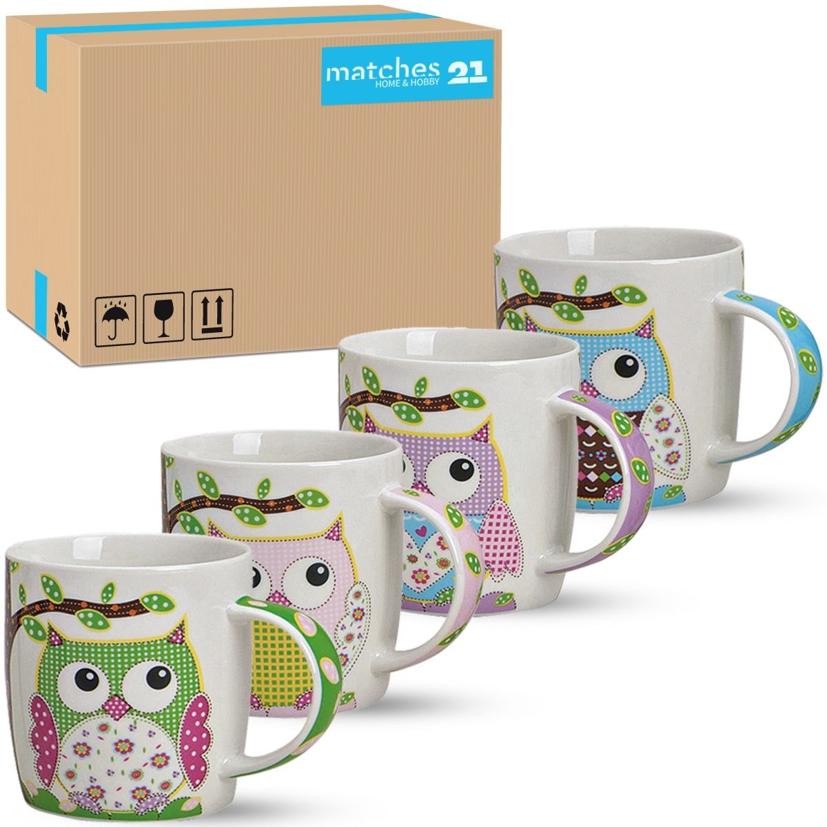 matches21 HOME & HOBBY Tasse Süße Kaffeetassen 36er Set lustige Eulen gepunktet, Porzellan, Tee Kaffee-Becher modern weiss bunt 300 ml