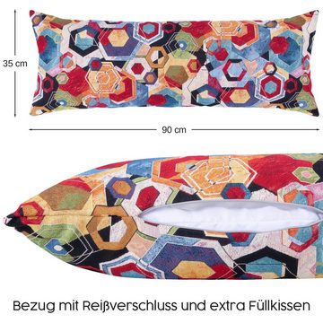 Selfitex Dekokissen Twin -Doppel-Sofakissen extra lang mit Füllung und Bezug, 35x90 cm, farbenfrohes Couchkissen, Mediterraner Gobelin-Polster-Webstoff