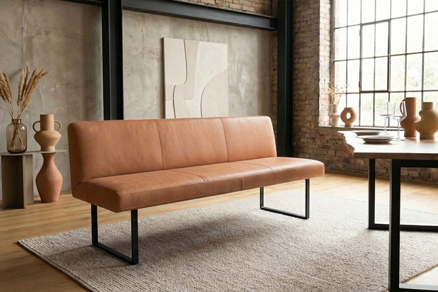 KAWOLA Sitzbank ELEEN Esszimmerbank Leder pigmentiert – modernes Design, 223 cm Breite, hoher Sitzkomfort, Metallgestell schwarz