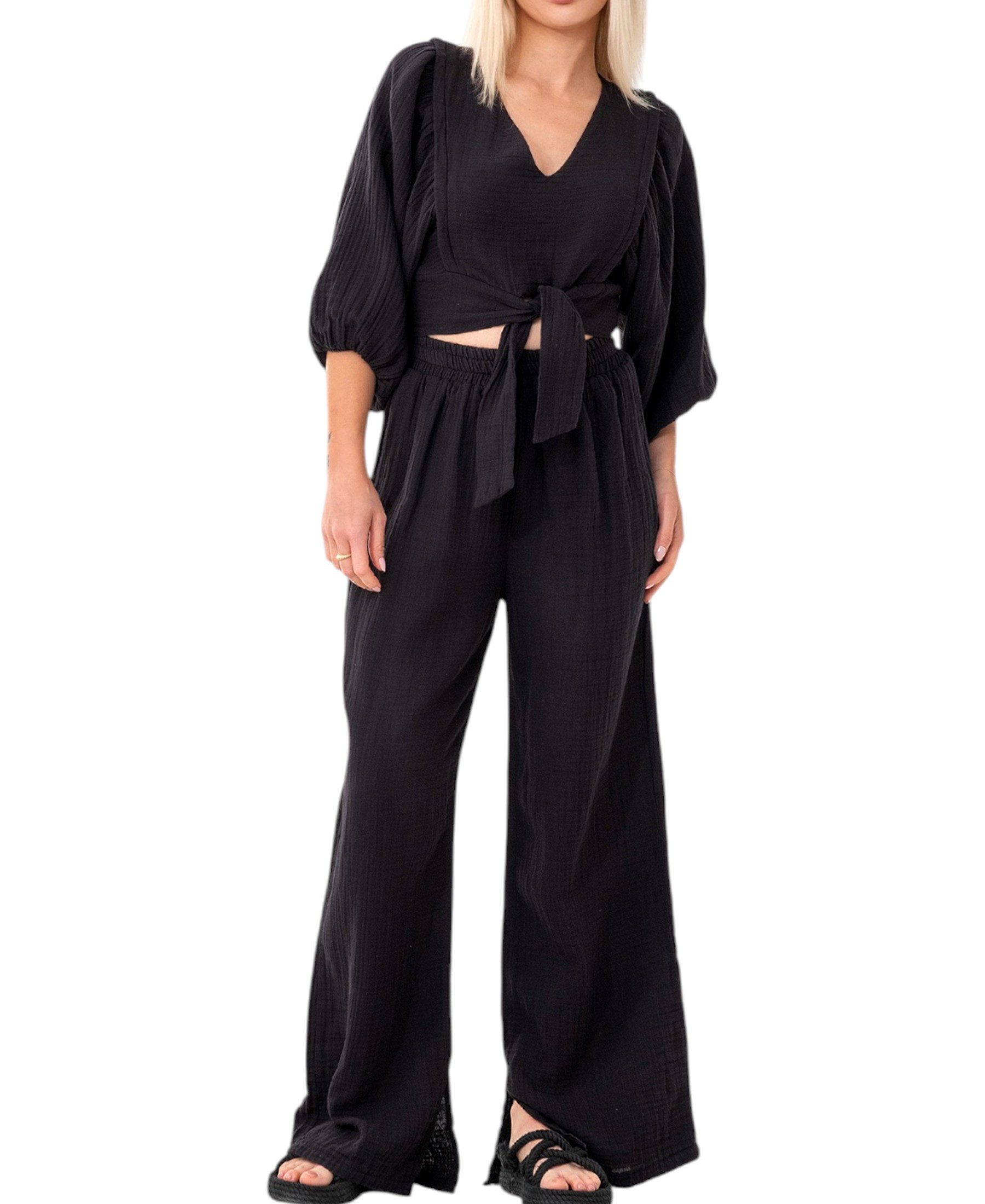 WENOR Crop-Top Set Damen Musselin-Zweiteiler mit Hose, Wickel-Top & V-Aussc günstig online kaufen