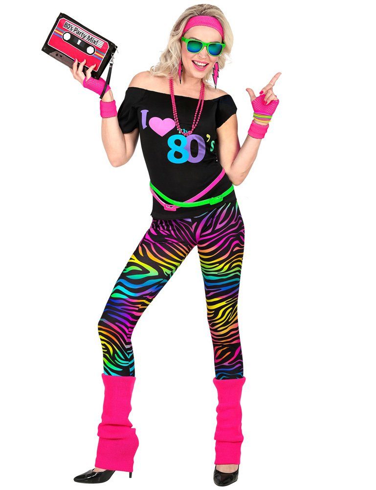Widmann S.r.l. Kostüm 80er Jahre Kostüm "Partygirl" für Damen - Schwarz  Pink, Shirt Leggings Leo-Print