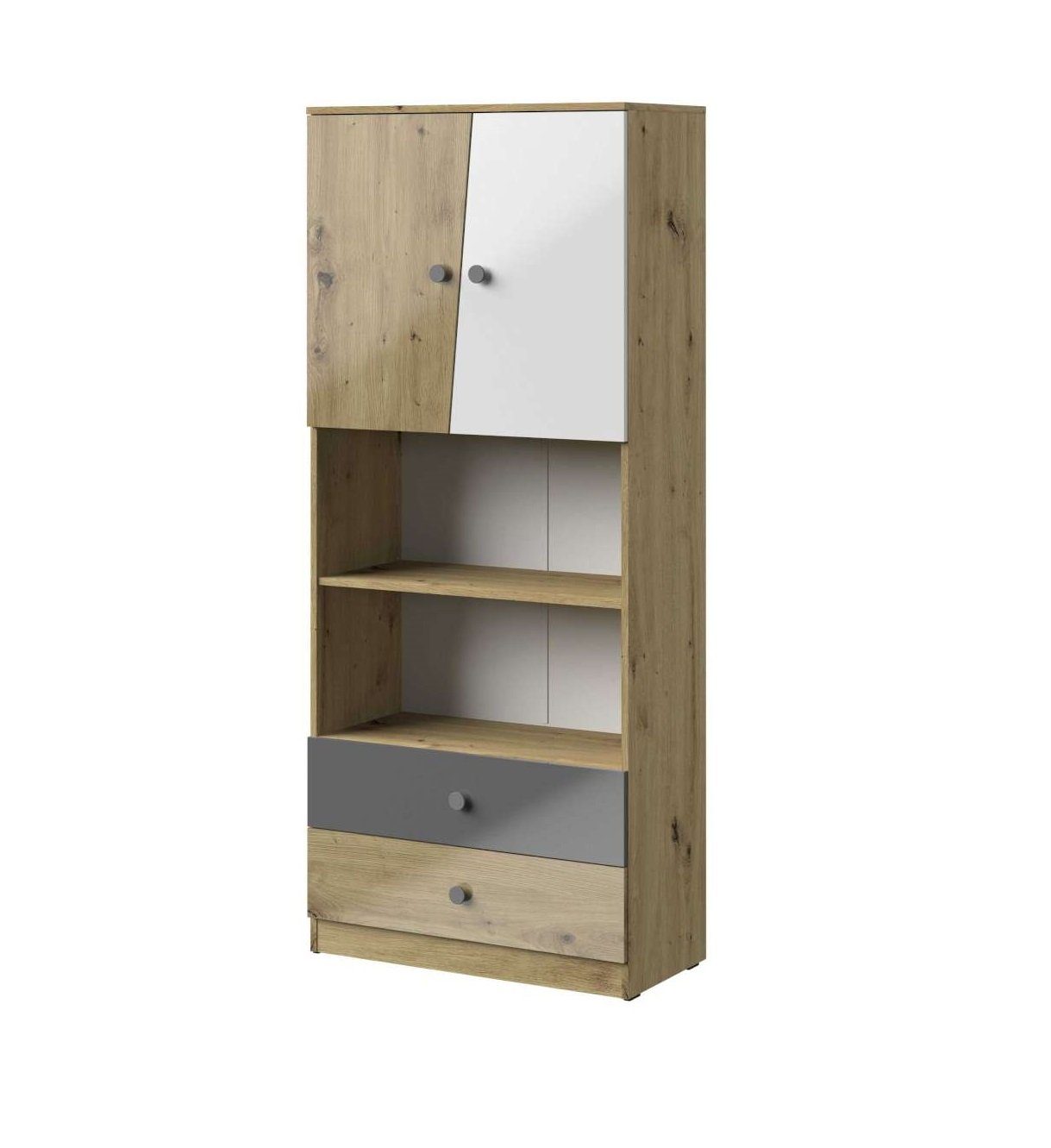 Stylefy Kinderkleiderschrank Narin IV (Standschrank, Kinderschrank) offene Fächer, mit Schubladen, Vollauszug, Design Modern, für Kinder Eiche Artisan Hochglanz - Weiß Hochglanz - Grau Hochglanz