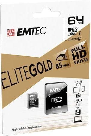 EMTEC microSD UHS-I U1 EliteGold Speicherkarte (64 GB, Class 10, 85 MB/s Lesegeschwindigkeit, inkl. SD-Karten-Adapter)