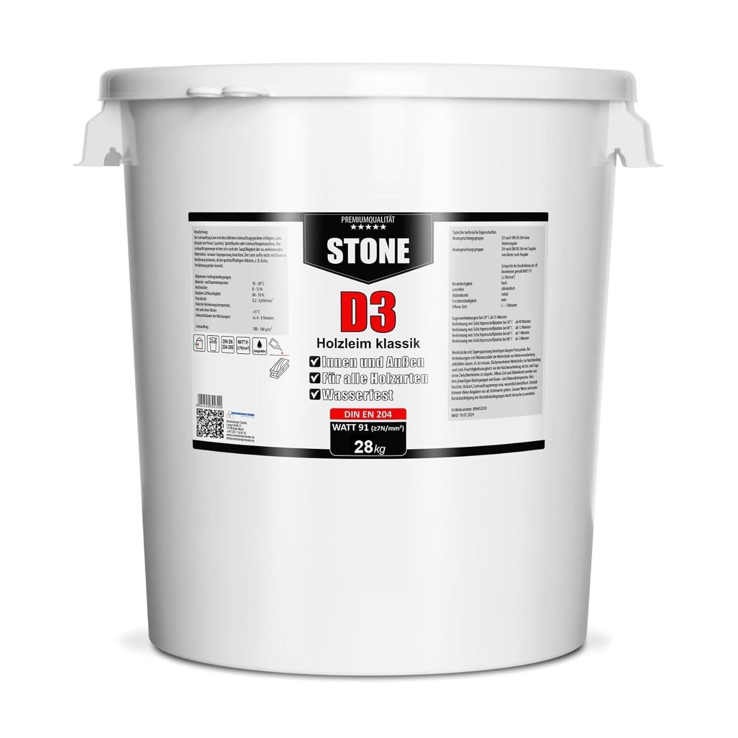 STONE Klebstoff D3 - Holzleim Klassik 28 kg Hobbock - PVAc Dispersionsleim Holz Kleber, starker & wasserfester D3 Holzleim für Möbelbau, Tischlerei & Handwerk