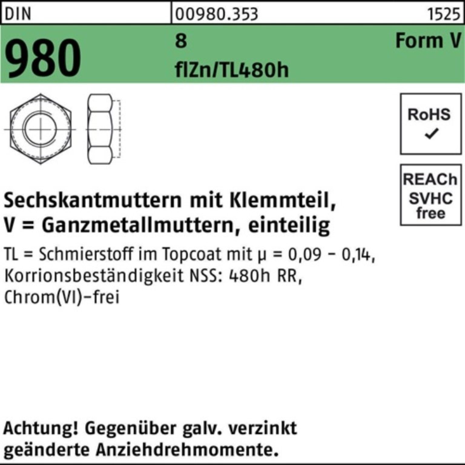 Sechskantmutter VM DIN 16 Pack Reyher 8 Klemmteil 980 Muttern 100er zinklamellenbes.