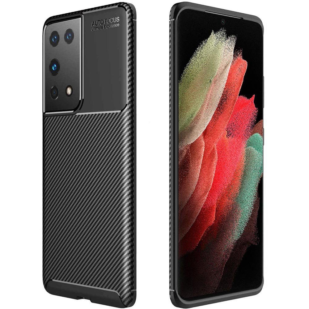 FITSU Handyhülle Handyhülle für Samsung Galaxy S21 Ultra Case im Carbon Design Schwarz, Handyhülle mit Carbon Optik, stabile Schutzhülle, Case mit Eckenschutz
