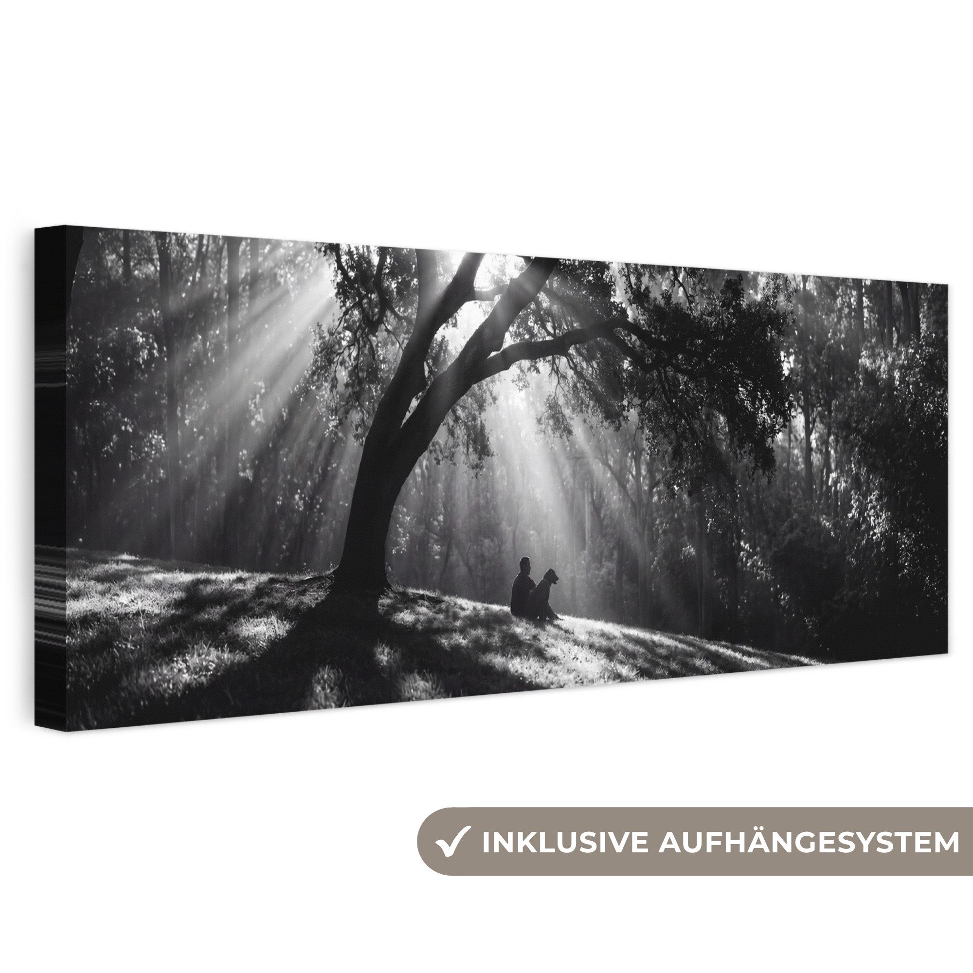 OneMillionCanvasses® Leinwandbild Panorama Mensch – Hund – Natur – Schwarz-Weiß – Silhouette, Fotodruck (1 St), Wandbild, Deko Schlafzimmer Wohnzimmer Flur 60x20 cm