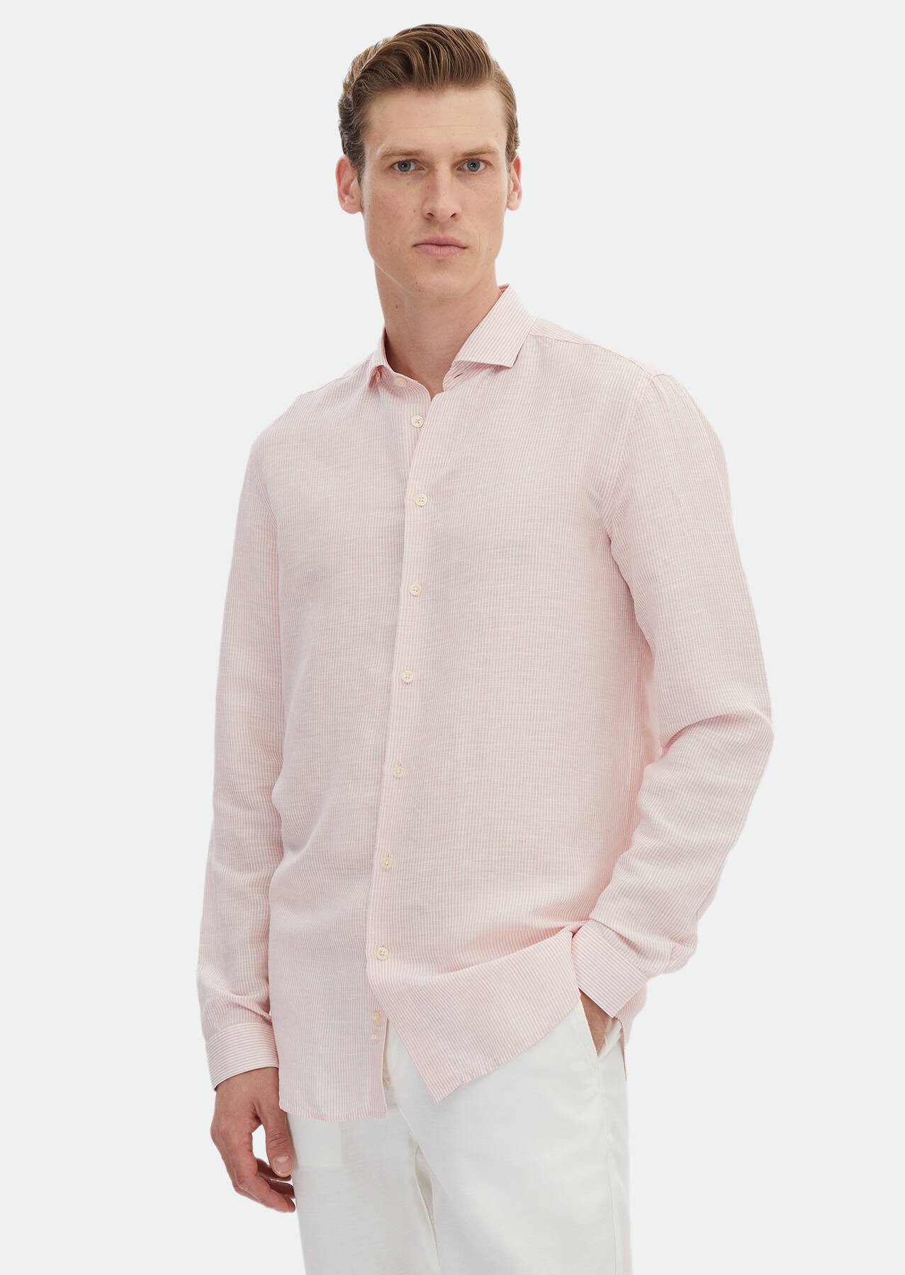 Langarmhemd Rosa Gestreiftes Regular Fit Leinenhemd