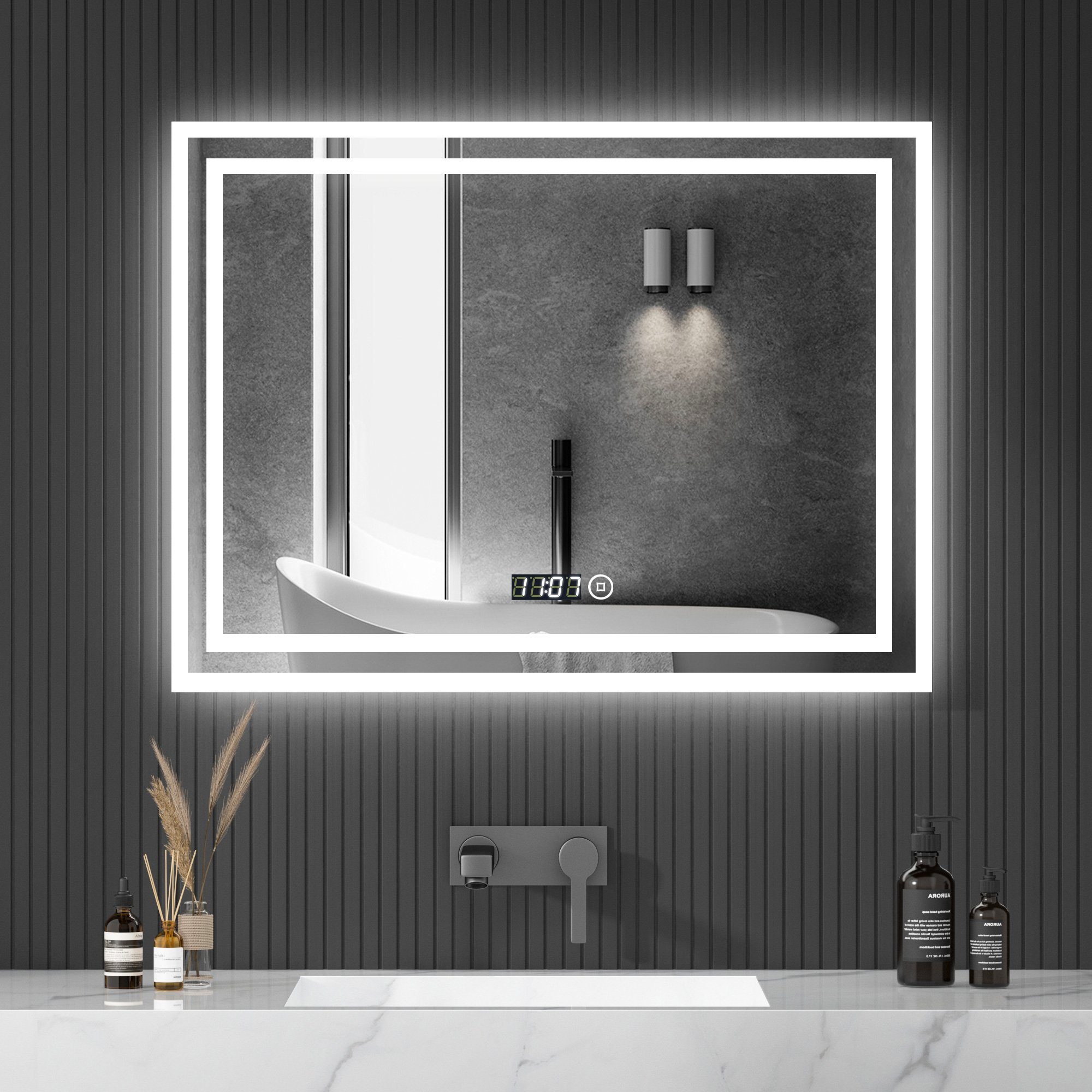 WDWRITTI Wandspiegel LED Spiegel Badspiegel 80x60 mit Uhr Touch Kalt/Neutral/Warmweiß (Dimmbar, Speicherfunktion), Energiesparende, IP44