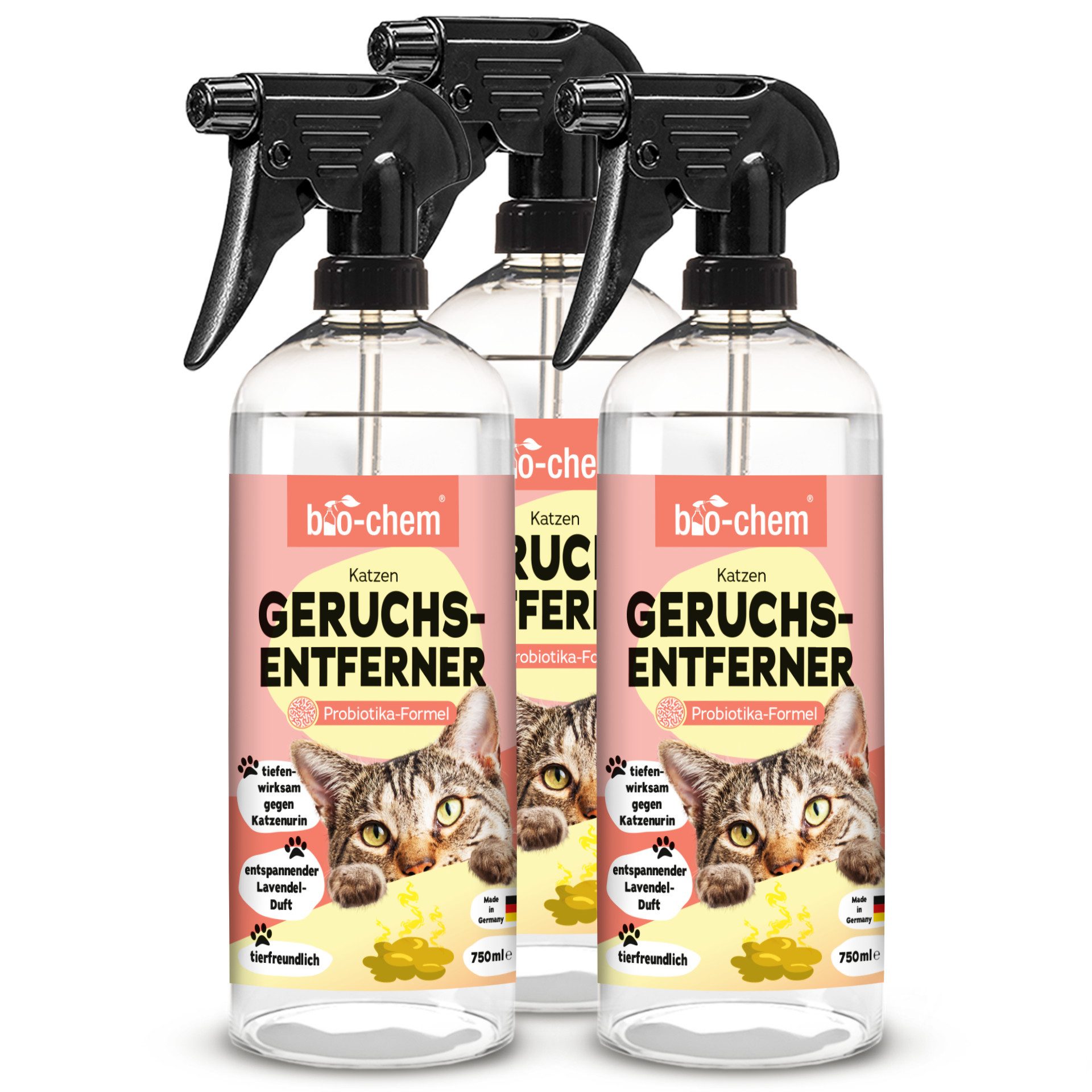 bio-chem Geruchsentferner Enzymreiniger Katzenurin 750 ml mit Mikroorganismen gegen Tiergerüche (3x Geruchsentferner Katze 0.75 l Handsprayflasche)