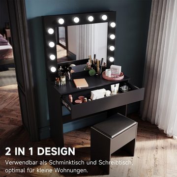SONNI Schminktisch Schwarz, mit LED-Beleuchtung, 80x40x140cm,3 Lichtmodi, mit Spiegel, Hocker, Schublade,Kosmetiktisch,Speicherfunktion