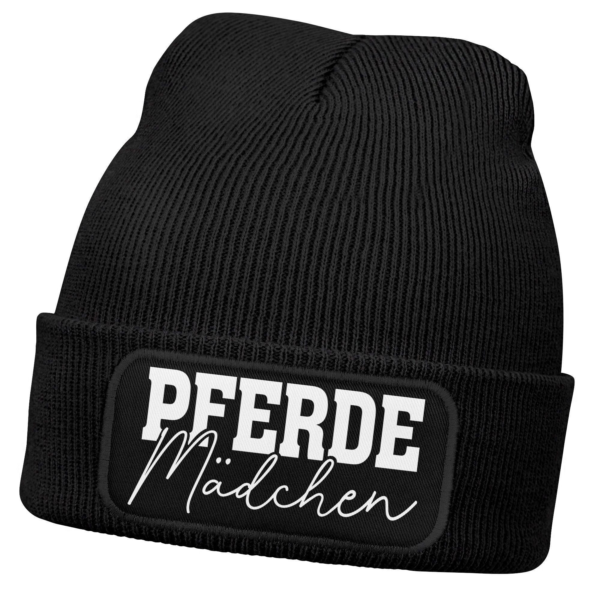 MoonWorks Strickmütze Damen Beanie mit Patch Strickmütze mit Spruch Pferdemädchen Aufdruck
