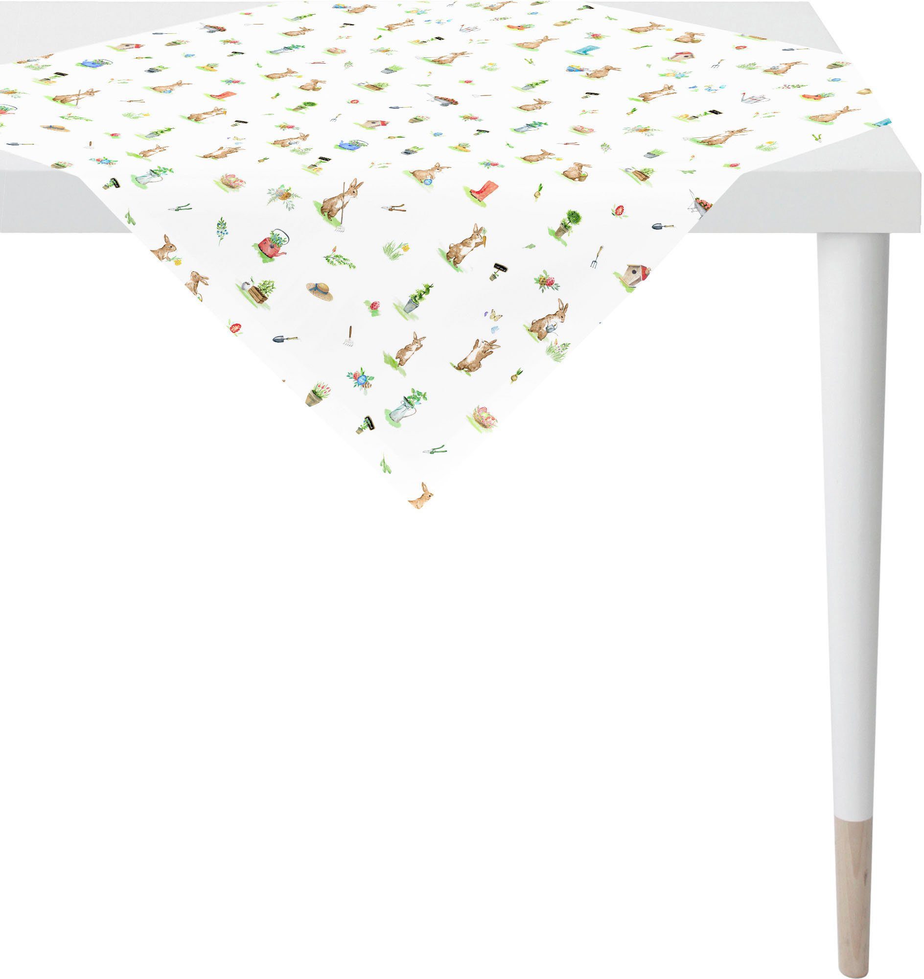 APELT Mitteldecke 6812 HAPPY EASTER, Osterdeko, Ostern (1-tlg), Digitaldruck, modisches Design mit verspielten Häschen im Garten