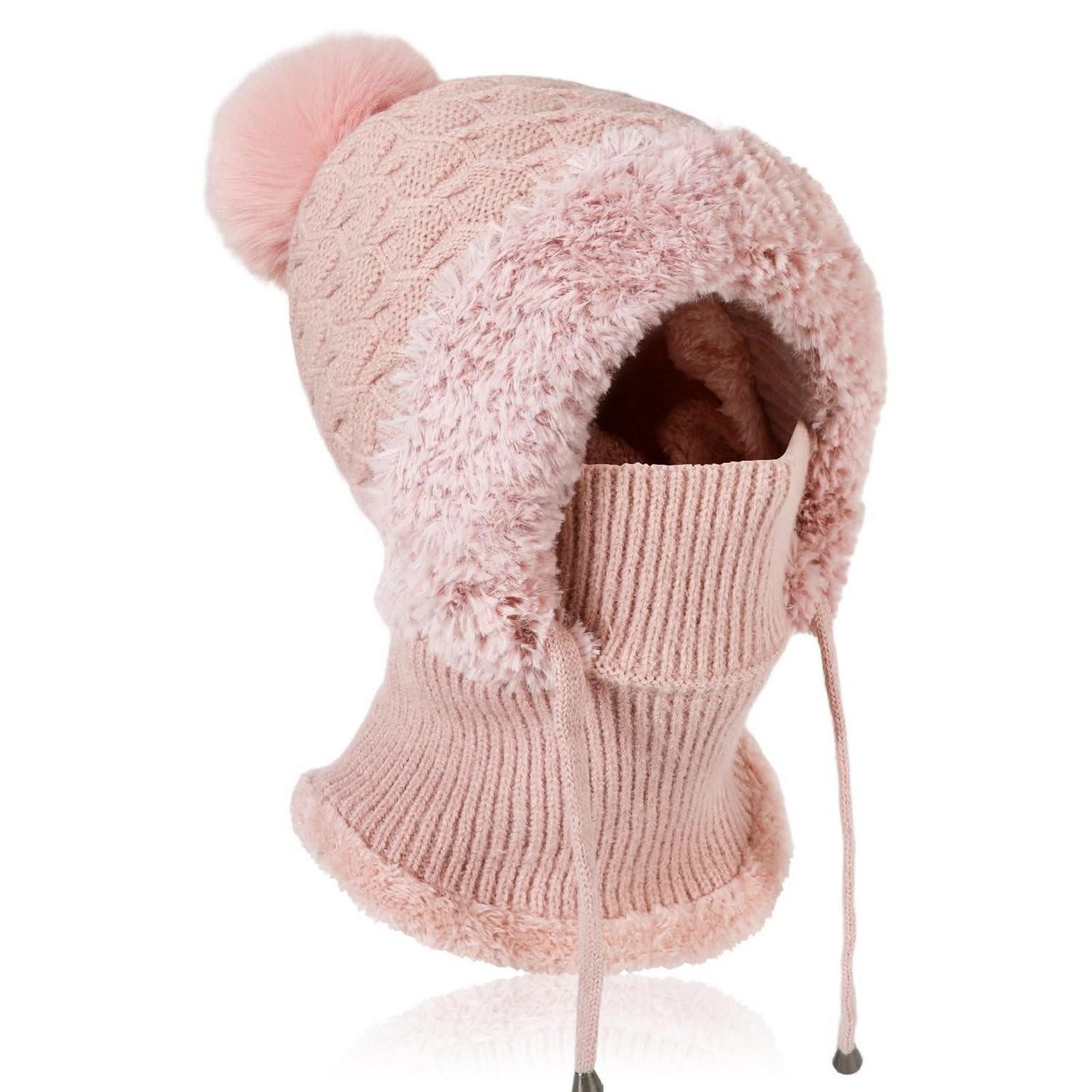 Sturmhaube Wintermütze Damen Balaclava Strickmütze Beanie Fleecefutter Rosa