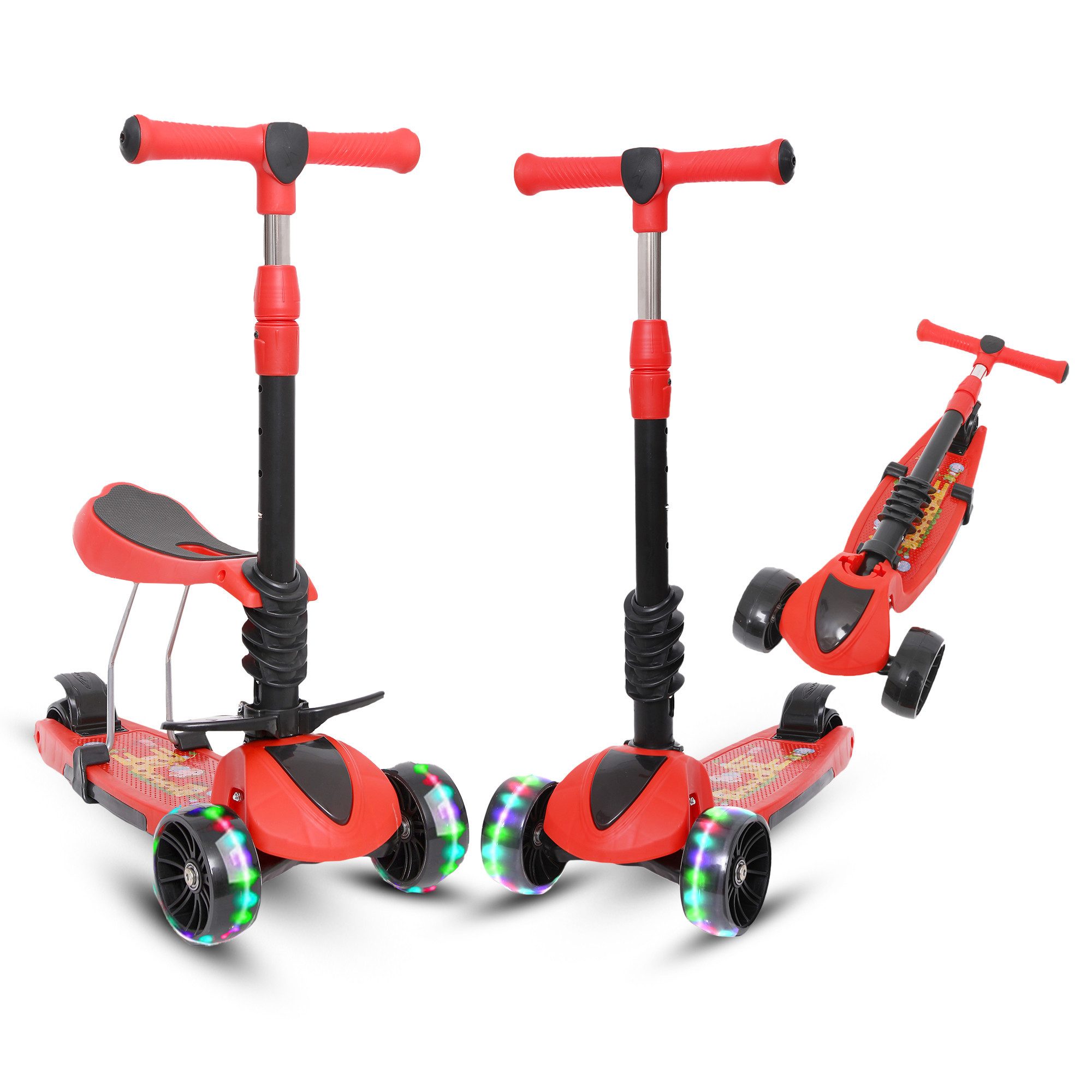 Sitzscooter 3-Rad Kinderroller mit LED Rädern & Sitz, Faltbar Höhenverstellbar