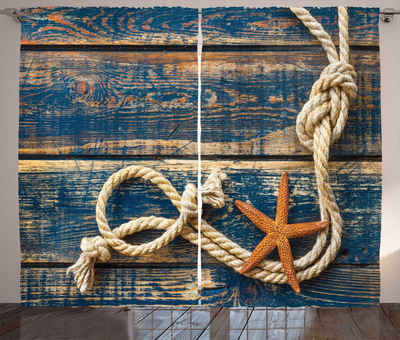 Gardine Schlafzimmer Kräuselband Vorhang mit Schlaufen und Haken, Abakuhaus, maritim Seil und Seesterne Holz