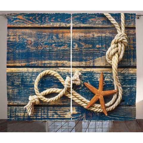 Gardine Schlafzimmer Kräuselband Vorhang mit Schlaufen und Haken, Abakuhaus, maritim Seil und Seesterne Holz