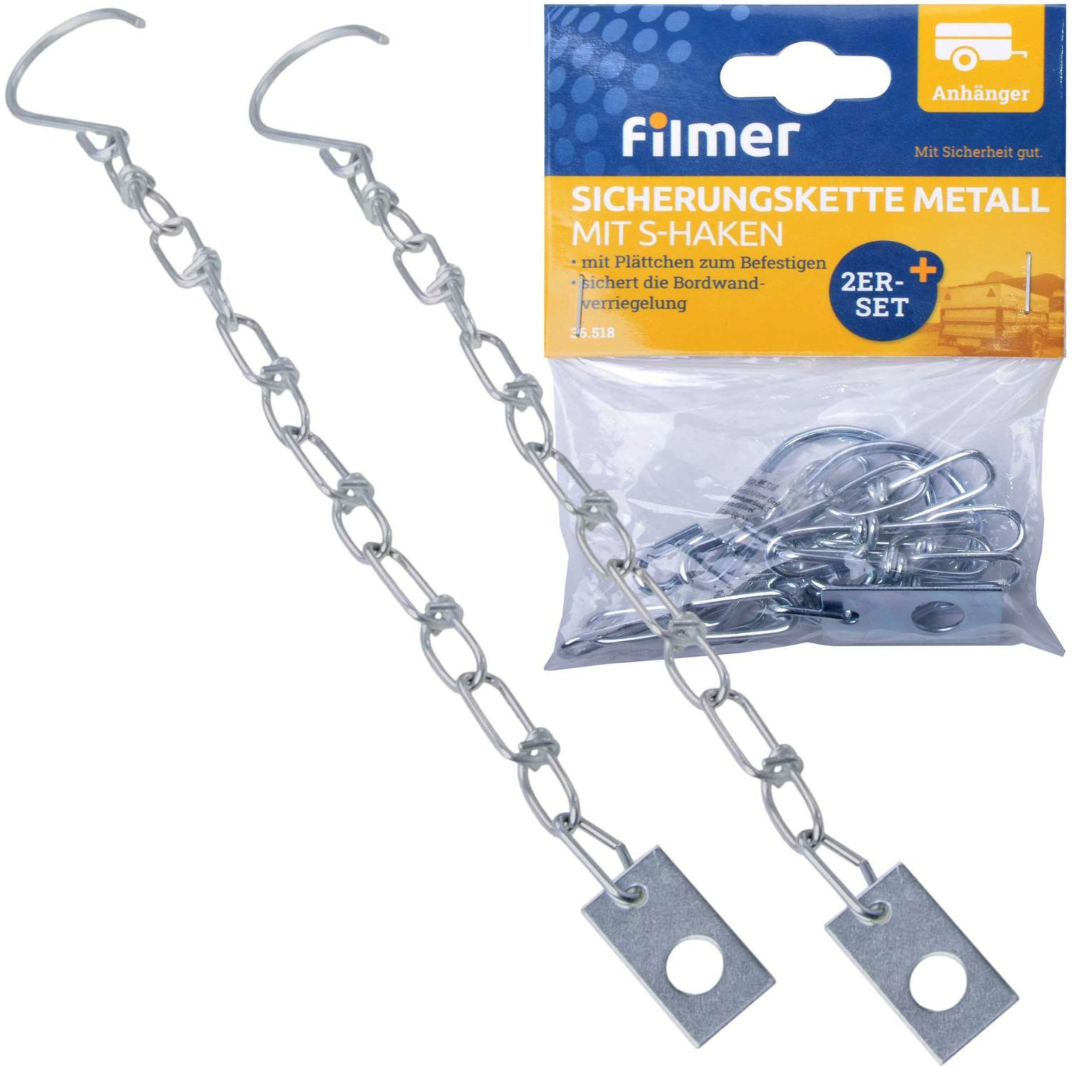 Diedrich Filmer GmbH PKW-Anhänger 2x Sicherungskette 24cm mit Haken + Platte, Set, 2-tlg., 2x Sicherungskette, Bordwandverschluss Kette Anhänger Verschluss Bordwand Hänger Riegel