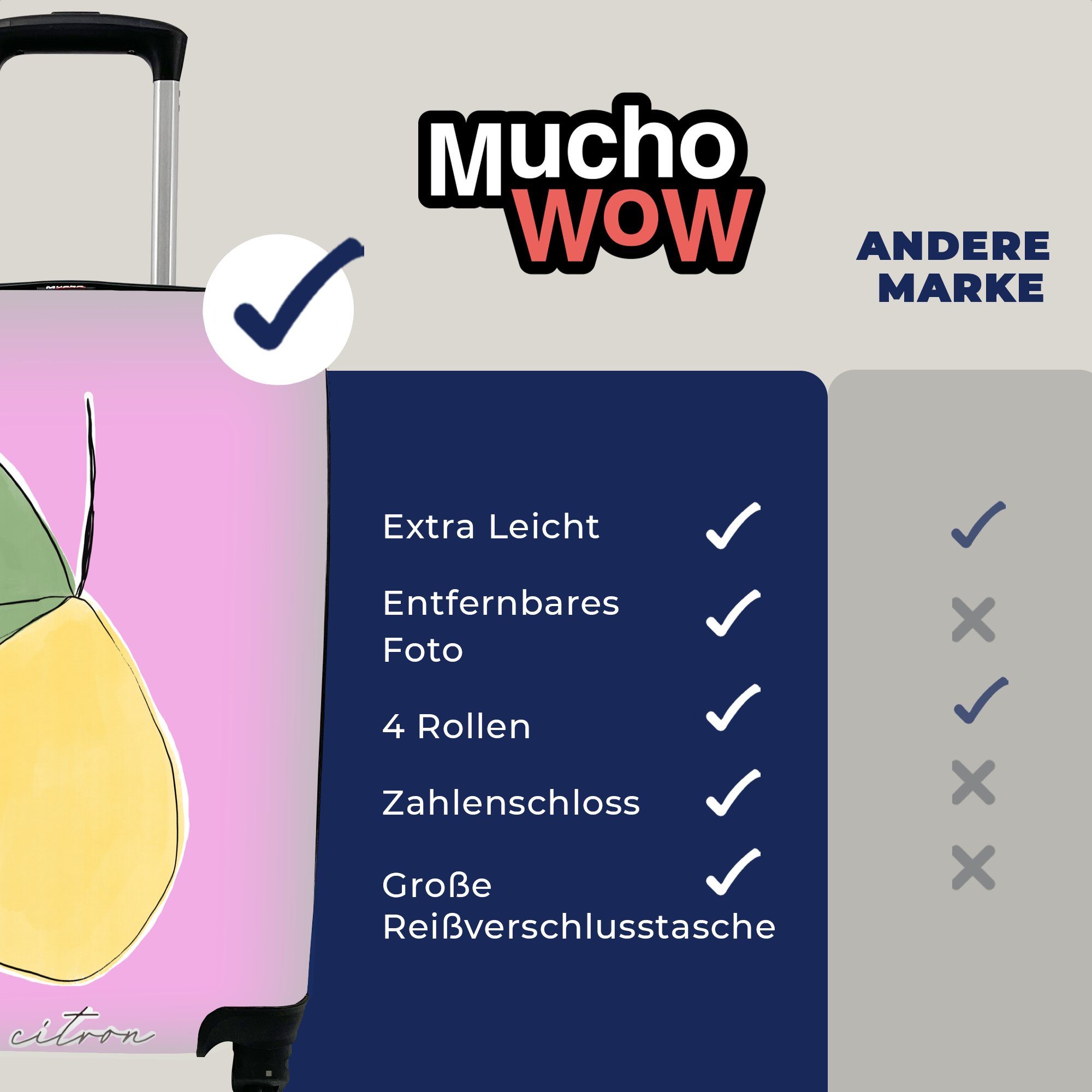 MuchoWow Handgepäckkoffer Reisetasche Rollen, Handgepäck Trolley, mit Ferien, Zitrone Obst rollen, - Pastell, - Reisekoffer für 4