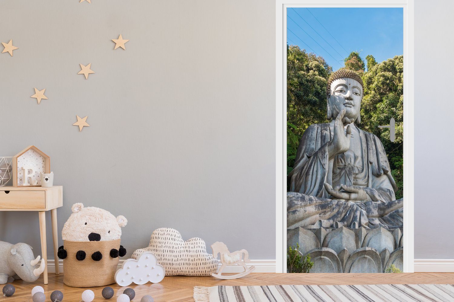 Fototapete Türtapete St), (1 für Buddha Spiritualität Türaufkleber, cm Dschungel - bedruckt, Matt, MuchoWow 75x205 - Buddha-Statuen - - Tür, Meditation,