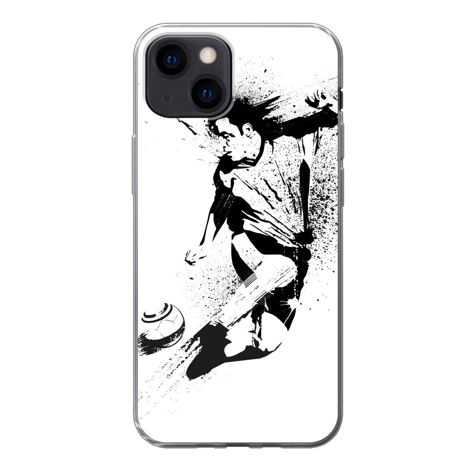 MuchoWow Handyhülle Eine Illustration einer Person, die einen Fußball in Richtung Tor, Handyhülle Apple iPhone 13 Mini, Smartphone-Bumper, Print, Handy