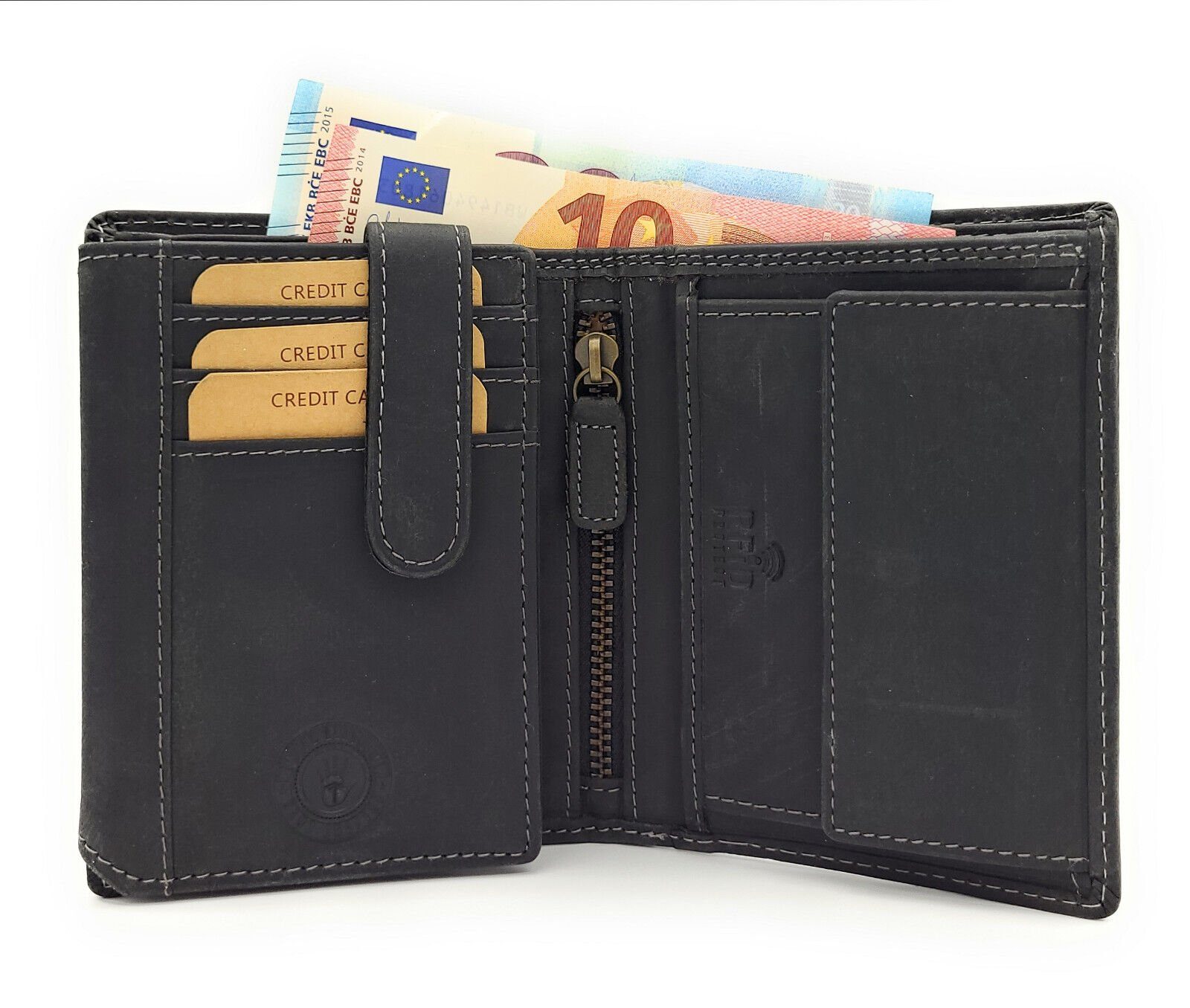 RFID Schutz schwarz heulender CLUB Geldbörse Leder echt Portemonnaie Farbe JOCKEY Mond, mit Wolf, Geldbeutel,