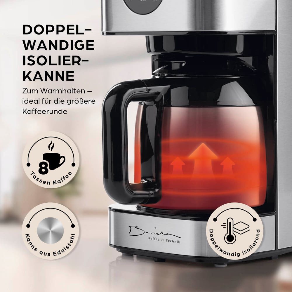 Barista Filterkaffeemaschine mit Thermokanne LED-Display 900W Edelstahl, 24h Timer & Permanentfilter, Für 8 Tassen Kaffee
