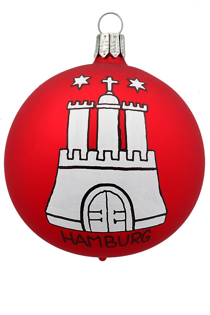 8.0 - cm, Weihnachtskontor Hamburger handdekoriert mundgeblasen - Dekohänger Hamburger Wappen Kugel Christbaumschmuck