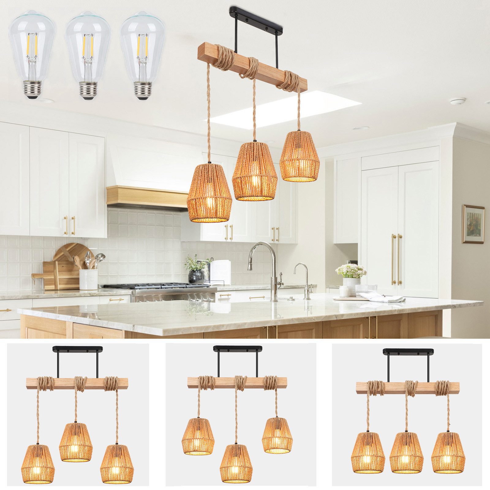 MUPOO Hängeleuchten 3 Köpfe Kronleuchter mit Rattanschirm, Boho Deckenlampe günstig online kaufen