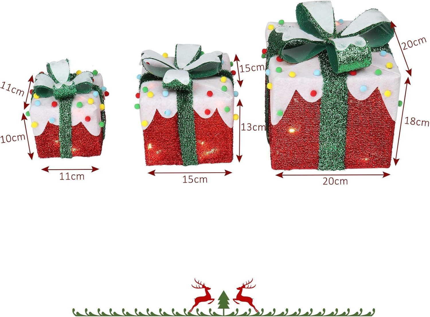 LALAHO LED Dekolicht LED Geschenkbox Weihnachtsdeko 3er Set, mit 60 warmweißen LEDs Weihnachtsdeko beleuchtete 18/13/10 cm – Bild 5 von 5