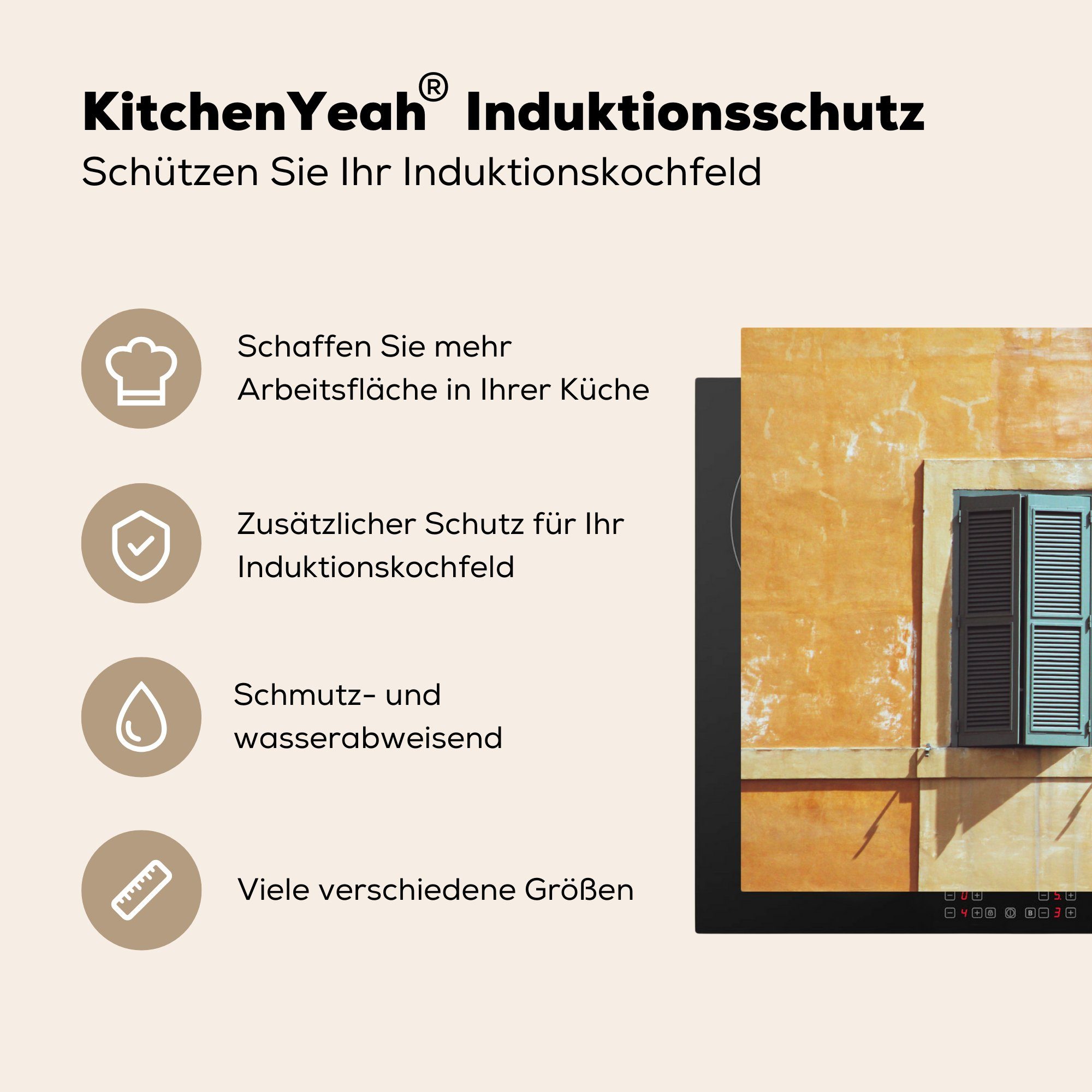 vor 83x51 MuchoWow in Fensterläden Wand (1 Ceranfeldabdeckung, Herdblende-/Abdeckplatte für Fenster orangefarbenen Zwei tlg), Vinyl, einer Arbeitsplatte Rom, mit küche cm,