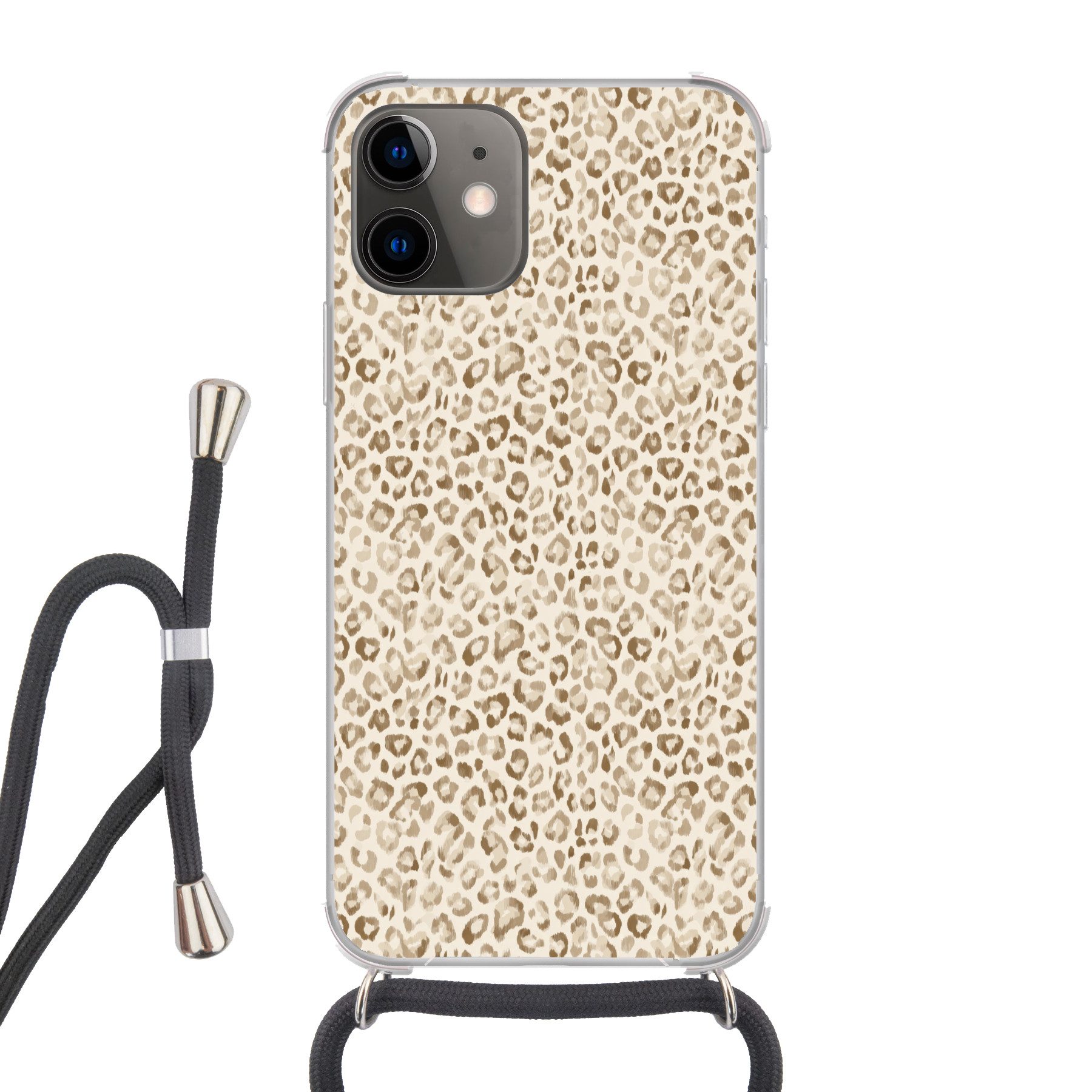 MuchoWow Handyhülle für Apple iPhone 12 Leopard - Klassisch - Beige, Tragbare Handyhüllen mit Kette zum umhängen, Handykette Handyband