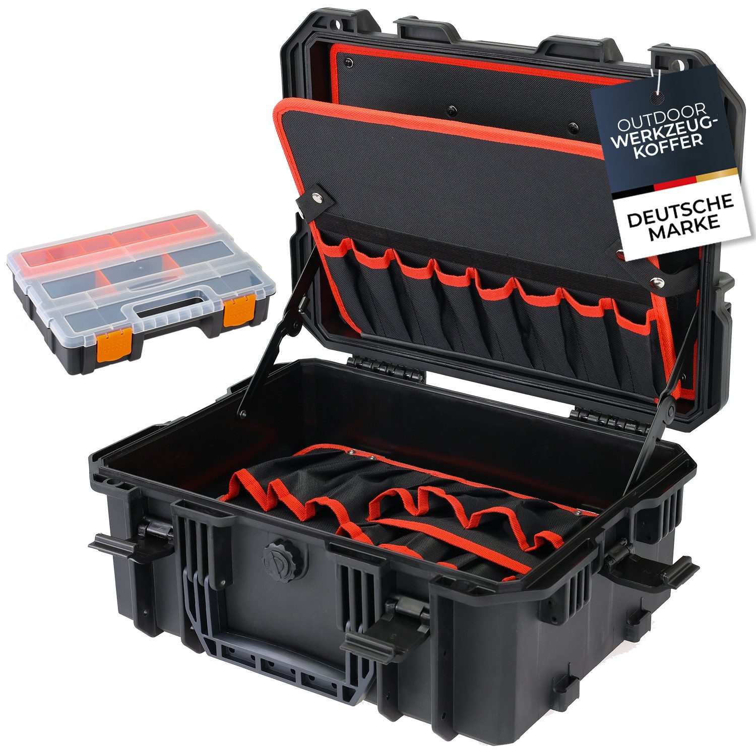 HMF Werkzeugkoffer 15603-02 Outdoor Werkzeugkoffer leer, Werkzeugkasten groß, 46,5 x 36 x 20,5 cm, Schwarz