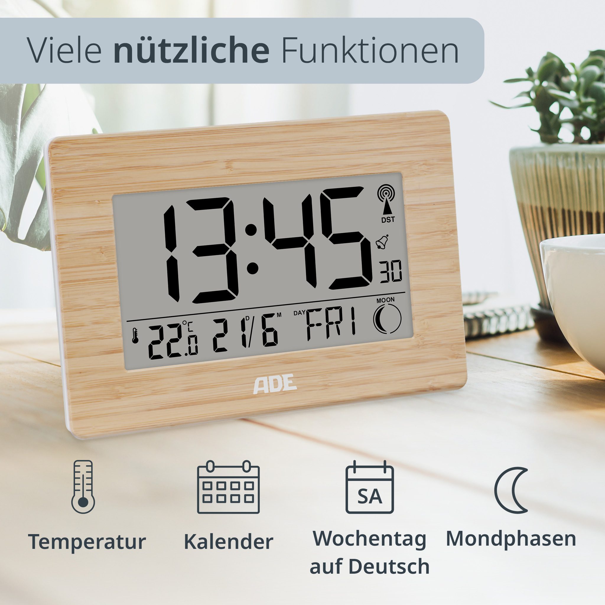 ADE Funktischuhr Digitale Tischuhr und Wanduhr mit großem Display Funkuhr aus Bambus mit Temperaturanzeige, digitaler Wecker, Kalender