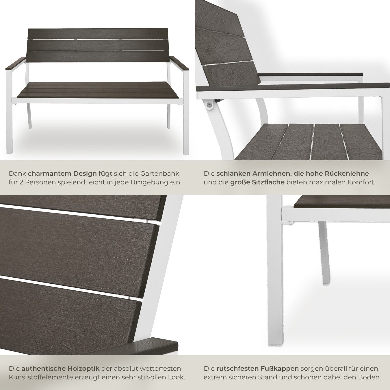 tectake Gartenbank Aluminium-Outdoor-Sitzbank, Maße: 128 x 59 x 88 cm, 2-Sitzer (Parkbank Line, in hellgrau/weiß), Wetterbeständig, Holzoptik, mit einer Belastb – Bild 5 von 5