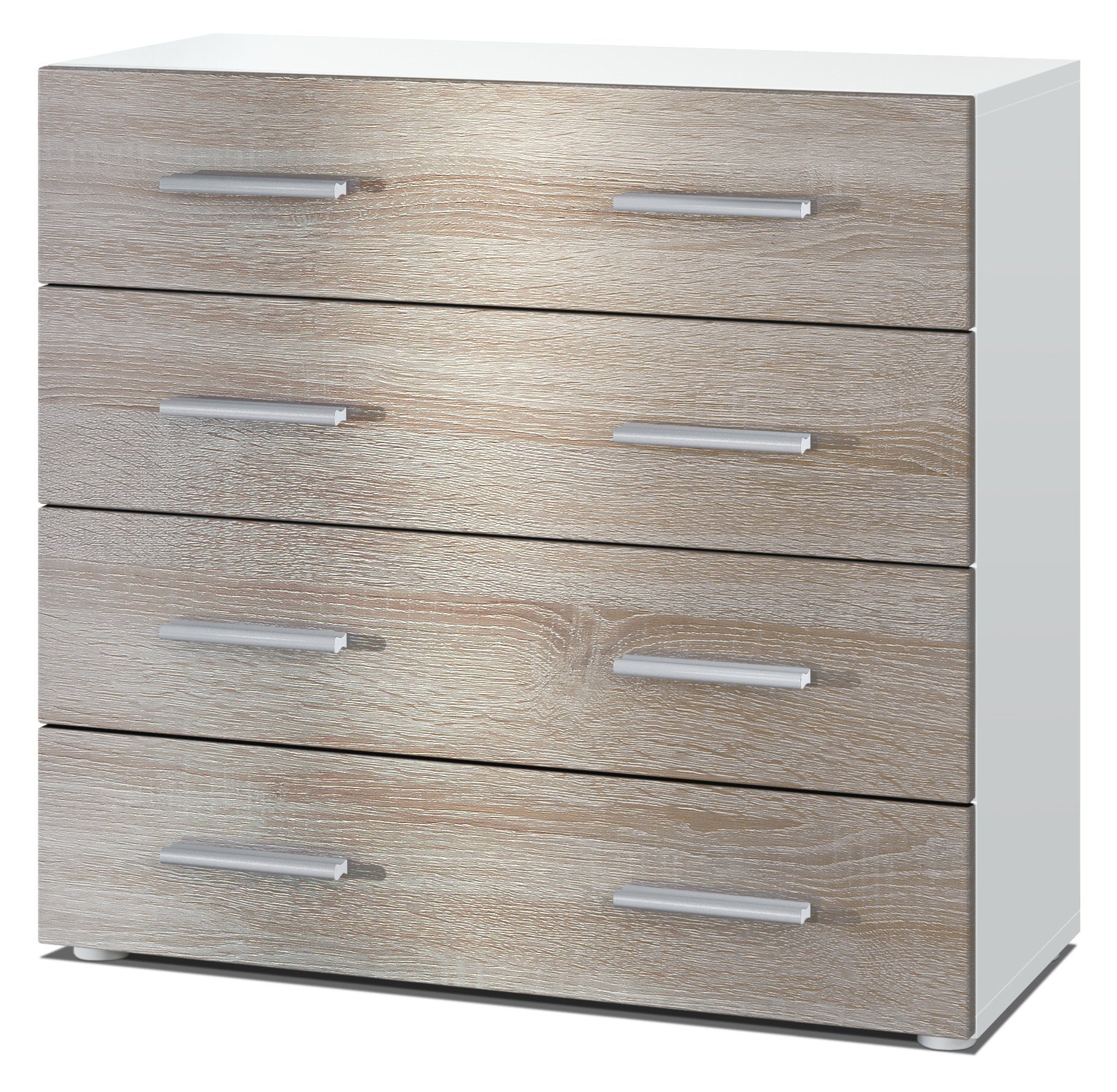 Vladon Kommode Pavos V1 (Kommode, ​mit 4 Schubladen), Weiß matt/Eiche sägerau (76 x 72 x 35 cm)