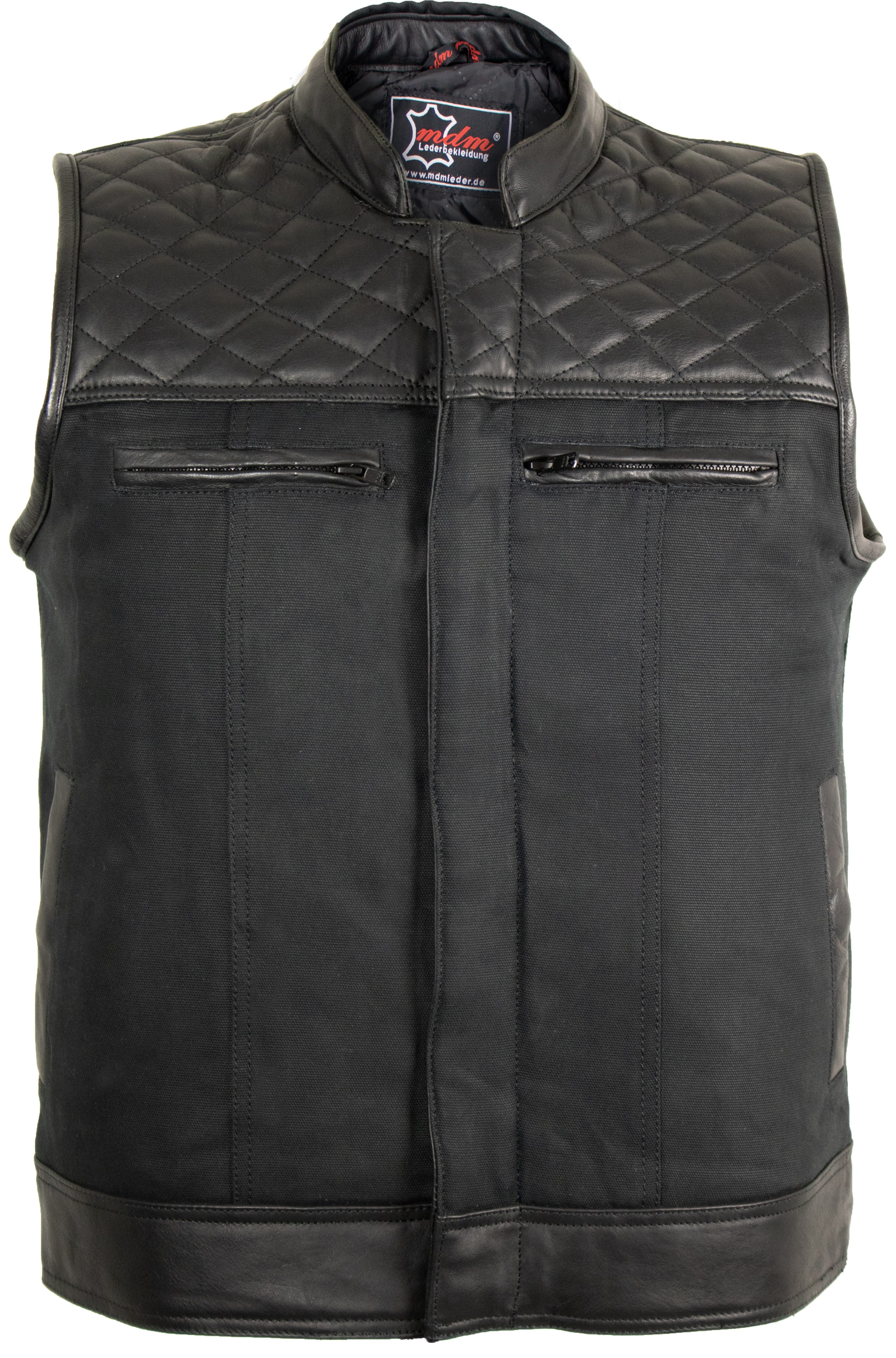 MDM Motorradweste Biker Textilweste Clubstyle Kutte Jeans, gestepptes Leder Waxed Denim, Echtleder, Windstopper, Bikerstyle
