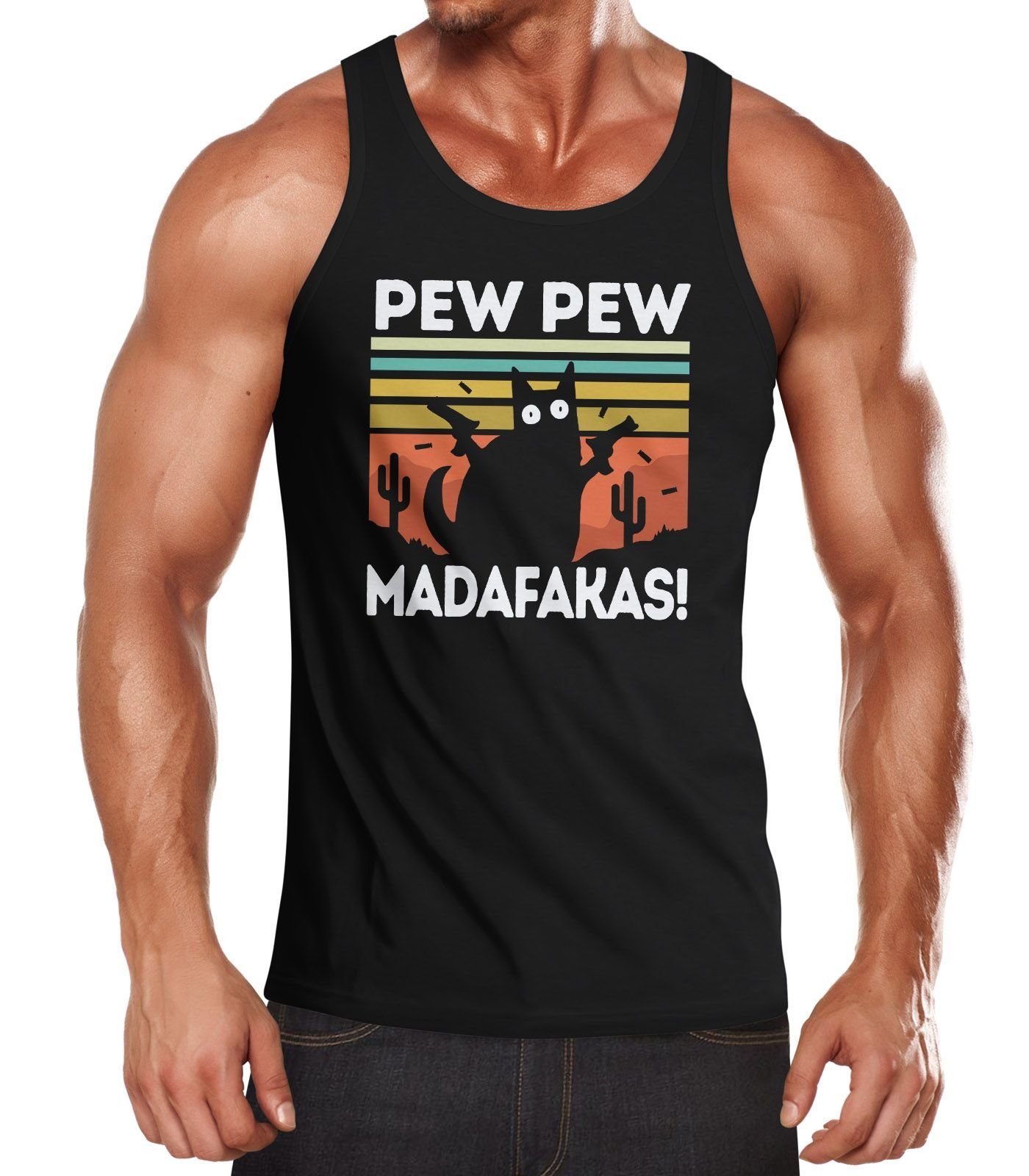 Tanktop Herren Tanktop Pew Pew Madafakas! schwarze Katze Spruch Meme lustig Muscle Shirt Achselshirt Moonworks®