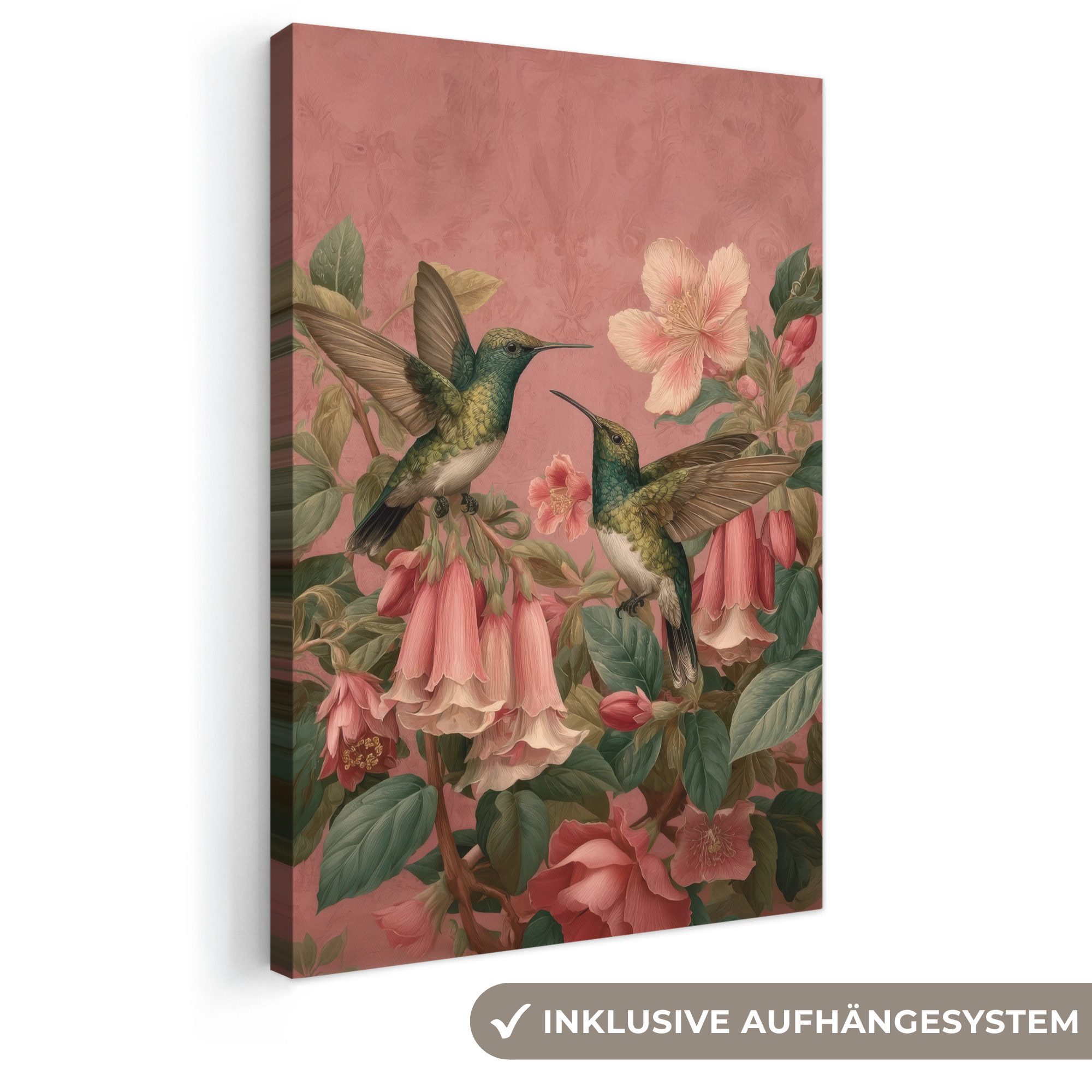 OneMillionCanvasses® Leinwandbild Kolibris - Blumen - Grün - Rosa, Fotodruck (1 St), Leinwand Canvas Wandbild, Wanddekoration 20x30 cm