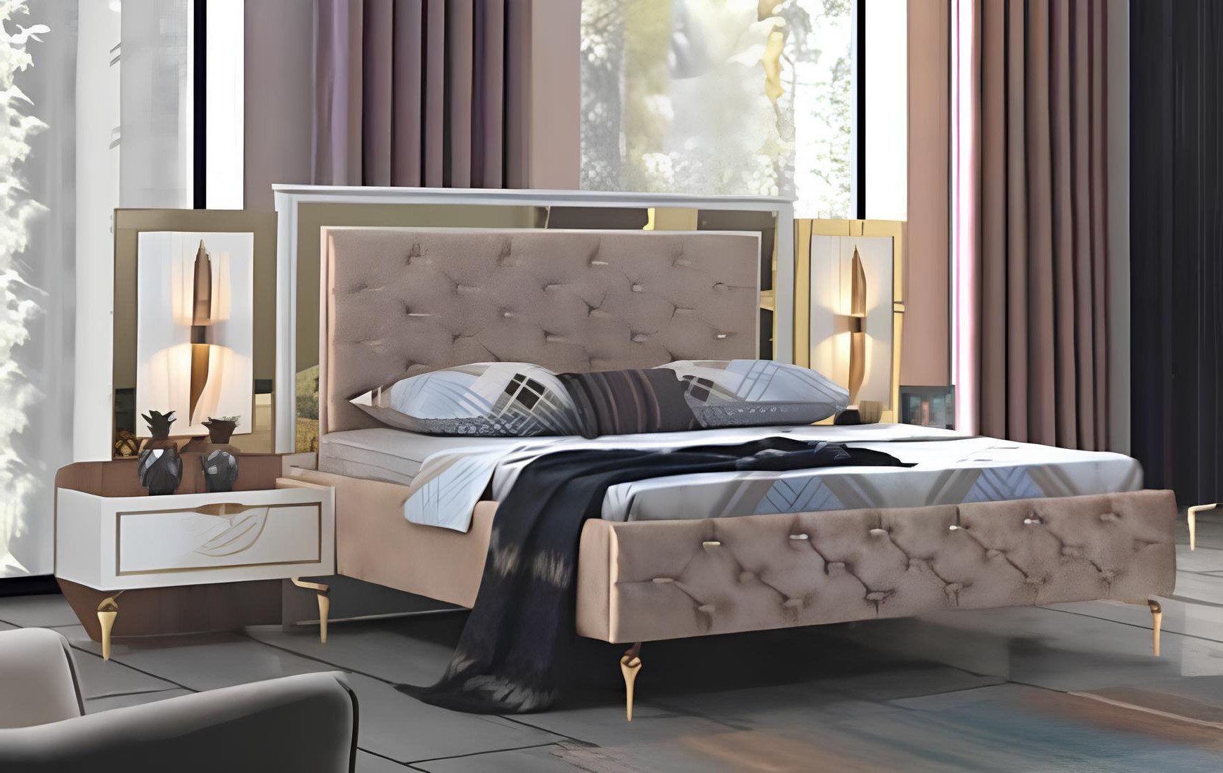 Bett Luxuriöses Doppelbett mit gepolstertem Chesterfield-Design