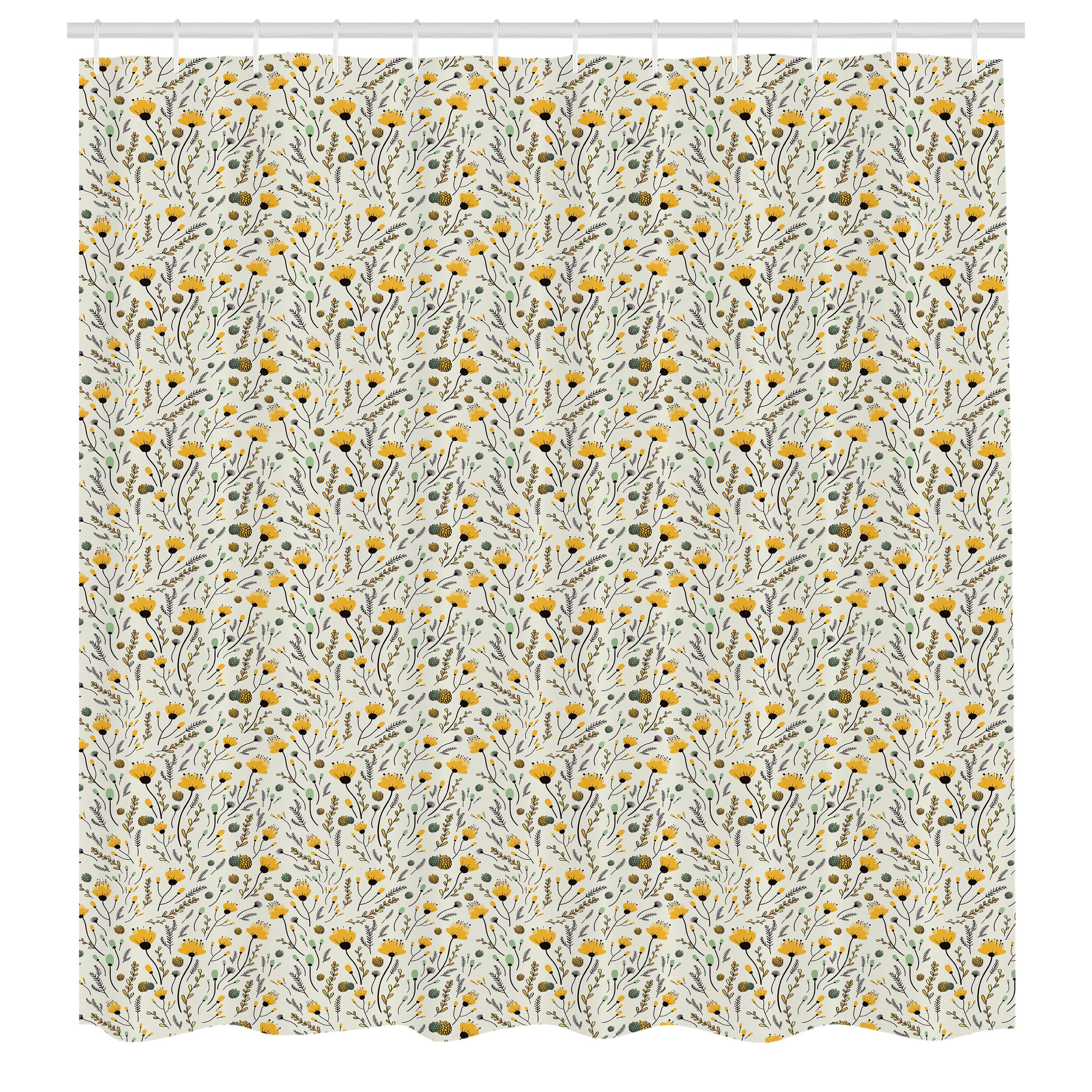 Abakuhaus Duschvorhang Moderner Digitaldruck mit 12 Haken auf Stoff Wasser Resistent Breite 175 cm, Höhe 180 cm, Gekritzel Gelbe Frühlingsblumen