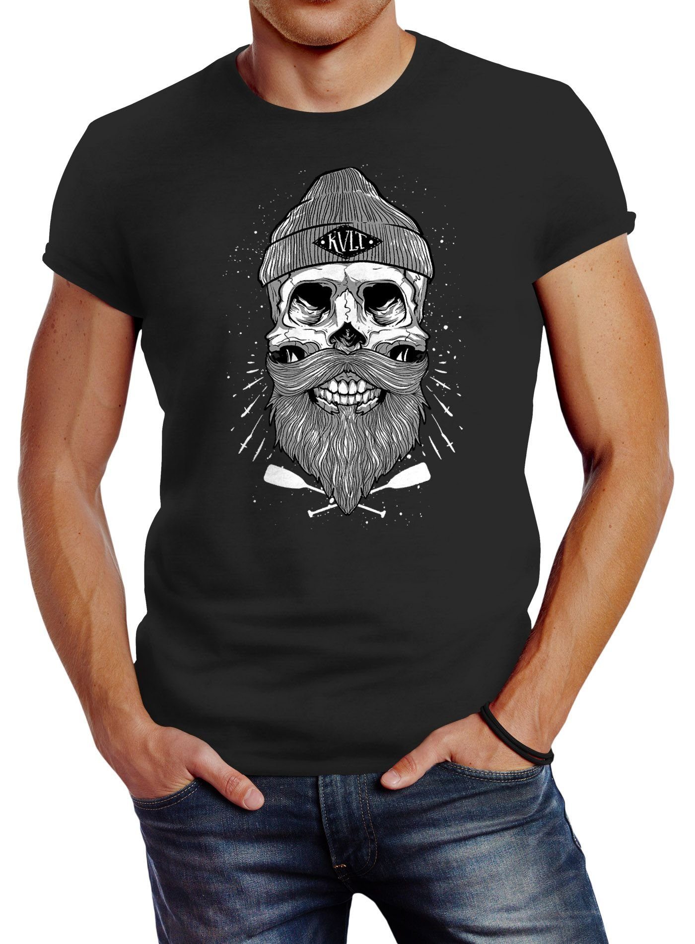 Neverless Print-Shirt Herren T-Shirt Captain Skull Beard Totenkopf Bart Kapitän Slim Fit Neverless® mit Print schwarz