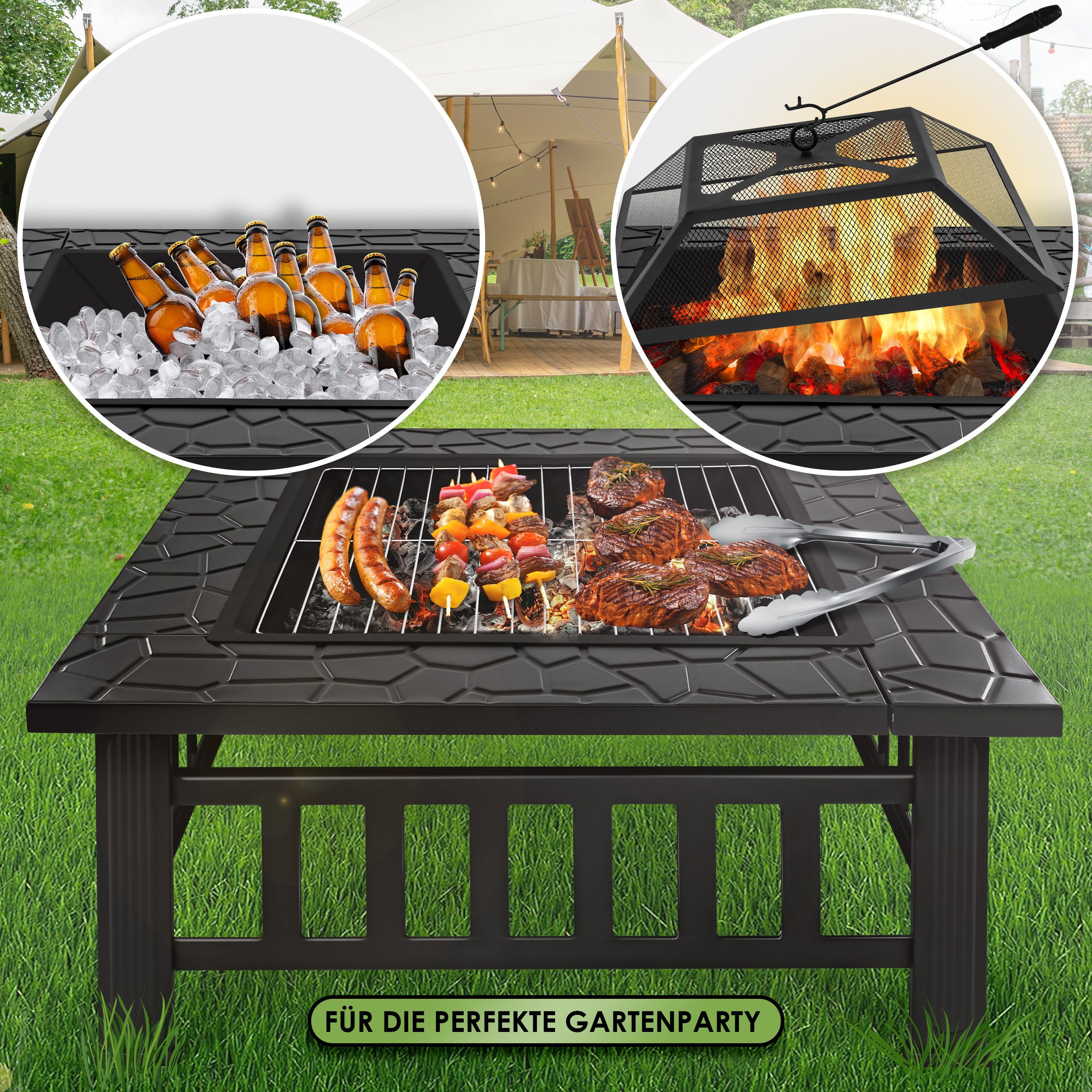 KESSER Feuerschale, Feuerstelle mit Grillrost Grillzange Feuerschale 82x82x50 cm