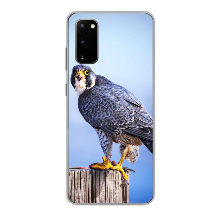 MuchoWow Handyhülle Nahaufnahme eines Raubvogels auf einer dicken Holzstange Phone Case Handyhülle Samsung Galaxy S20 Silikon Schutzhülle