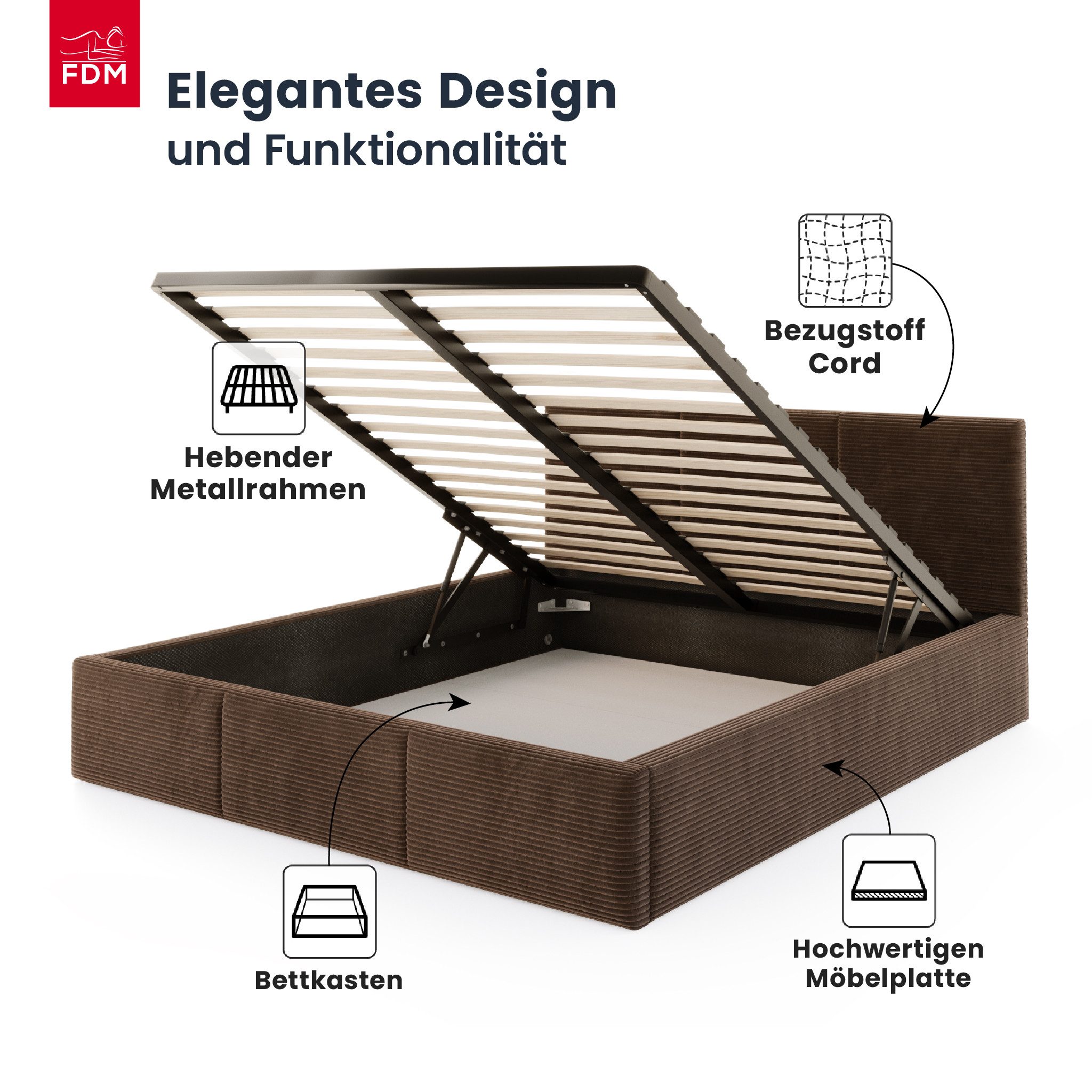 FDM Polsterbett AMBER modern mit Bettkasten MADE IN EU - mit Cord Bezug (verfügbar 90x200 120x200 140x200 160x200 180x200cm, Bettrahmen, Bett, mit großen gepolsterten Kopfteil, mit Bettkasten zum aufklappen), Hebbarer Metallrahmen, Bettkasten, mit/ohne Matratze