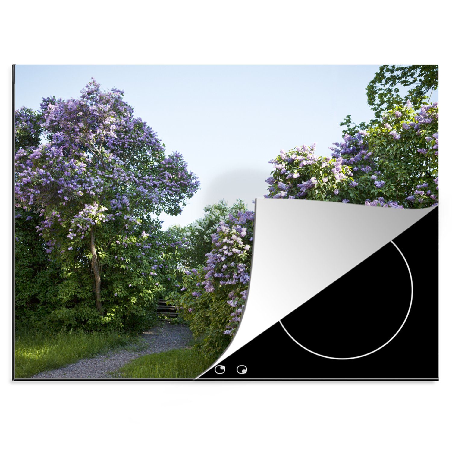 MuchoWow Herdblende-/Abdeckplatte Ein Garten mit duftenden Fliederbäumen, Vinyl, (1 tlg), 70x52 cm, Mobile Arbeitsfläche nutzbar, Ceranfeldabdeckung