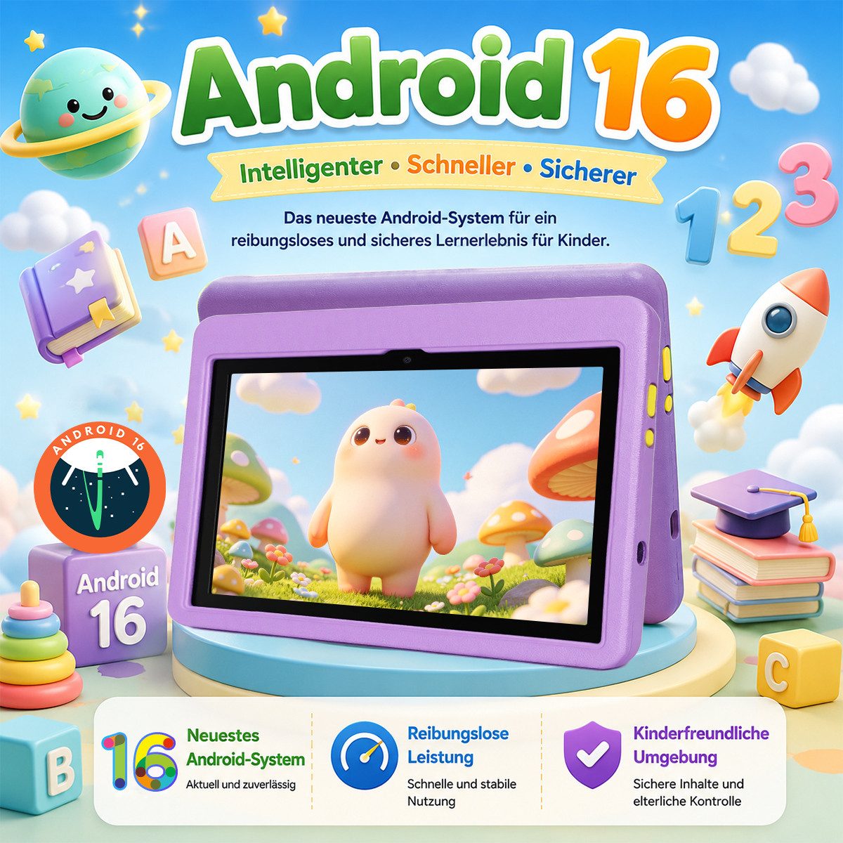 Happybe 10 Zoll 64GB/128GB Android 16 mit Hülle Kindersicherung WLAN Kinder Tablet (10.1", 128 GB, Android, 24(3+21)GB RAM, 6000 mAh)