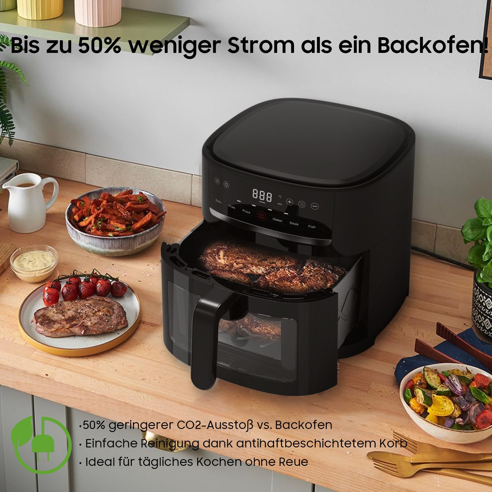AIMAX Heißluftfritteuse 9L Airfryer xxl, Heissluftfritteuse mit Sichtfenster & Shake-Reminder, 1800 W, Display, 9L, Einstellbare Zeit-/Temperatursteuerung, Sichtfenster