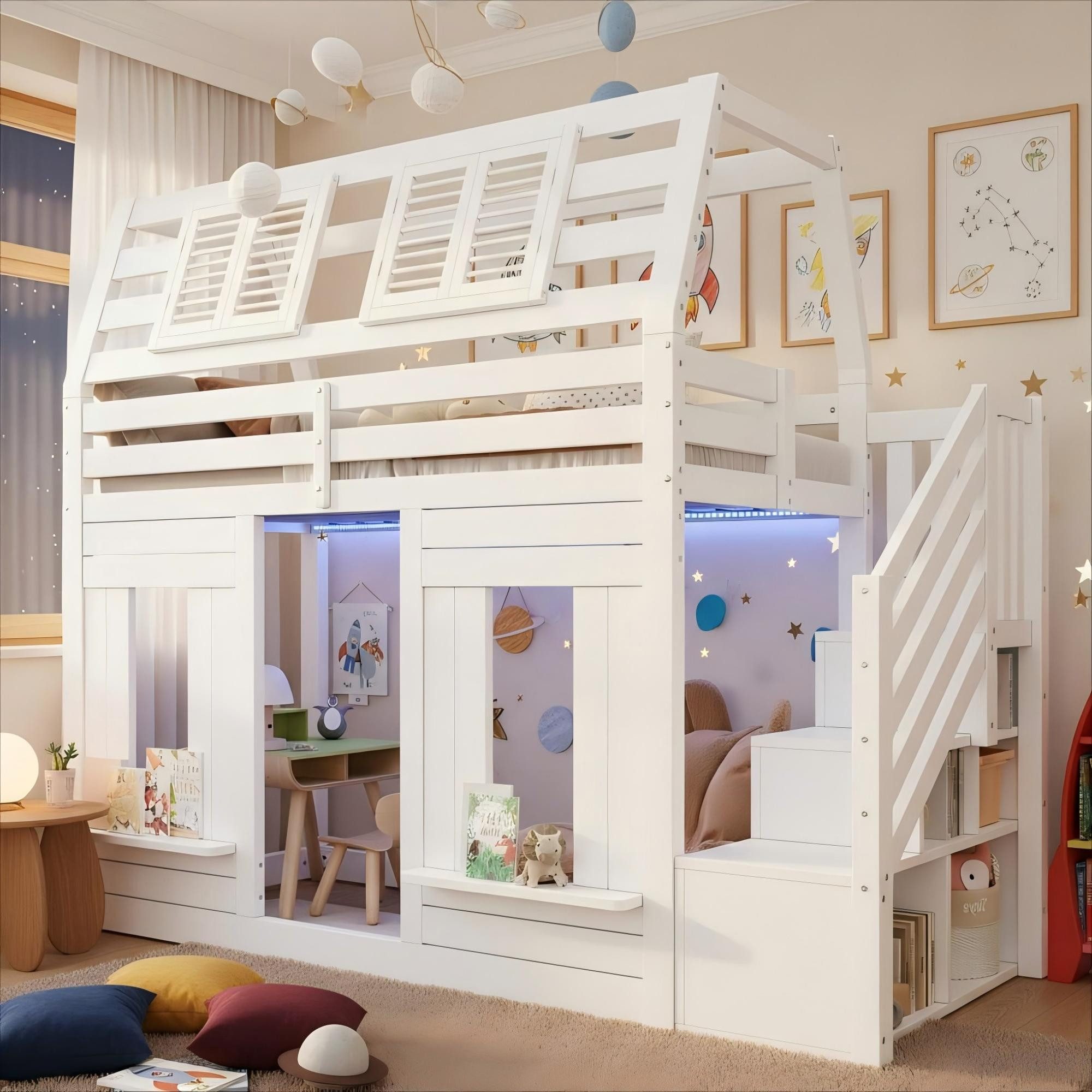 Etagenbett 90x200cm Kinderbett mit LED, Hochbett mit Stauraumtreppe, Hausbett