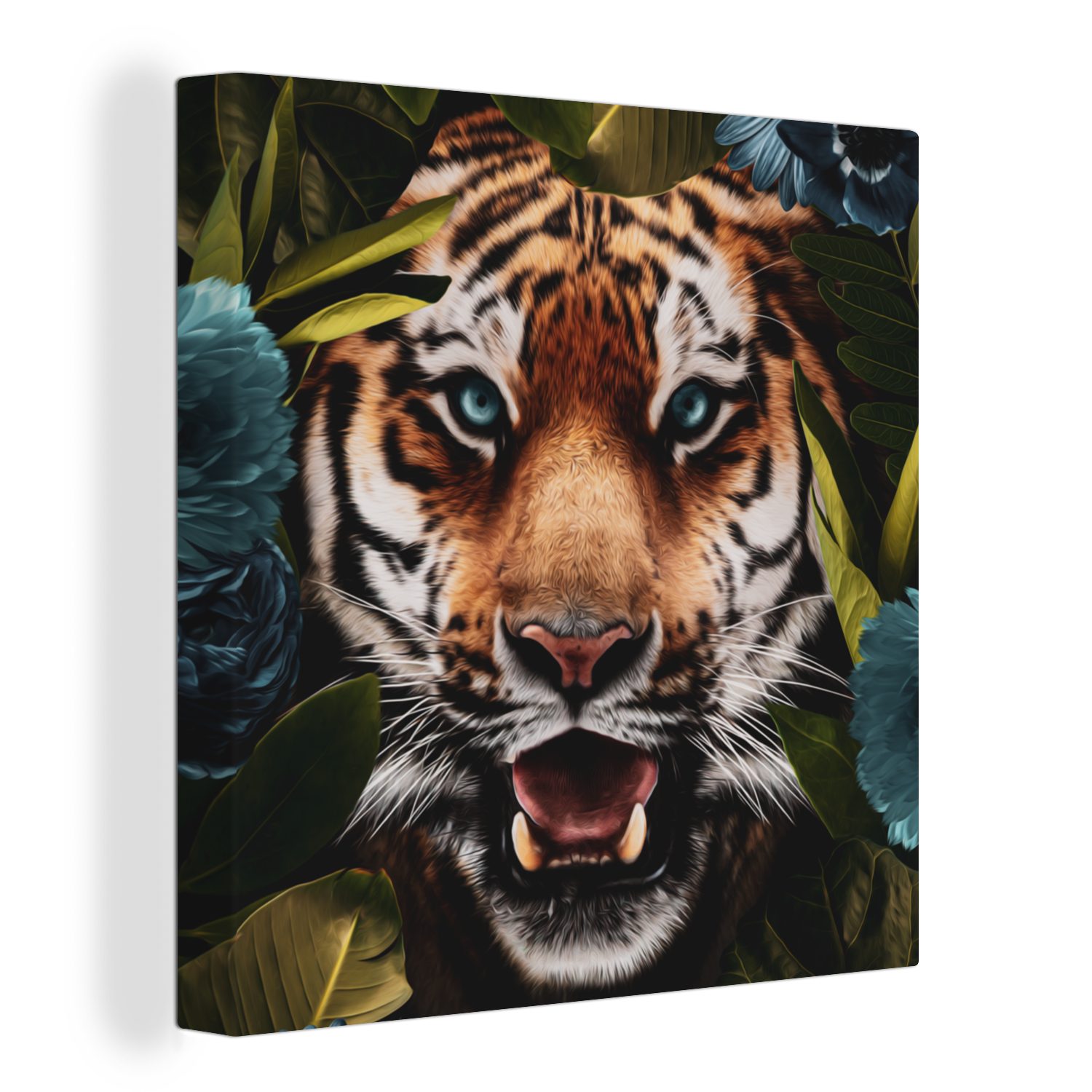OneMillionCanvasses® Leinwandbild Tiger - Dschungel - Blumen, (1 St), Leinwand Bilder für Wohnzimmer Schlafzimmer